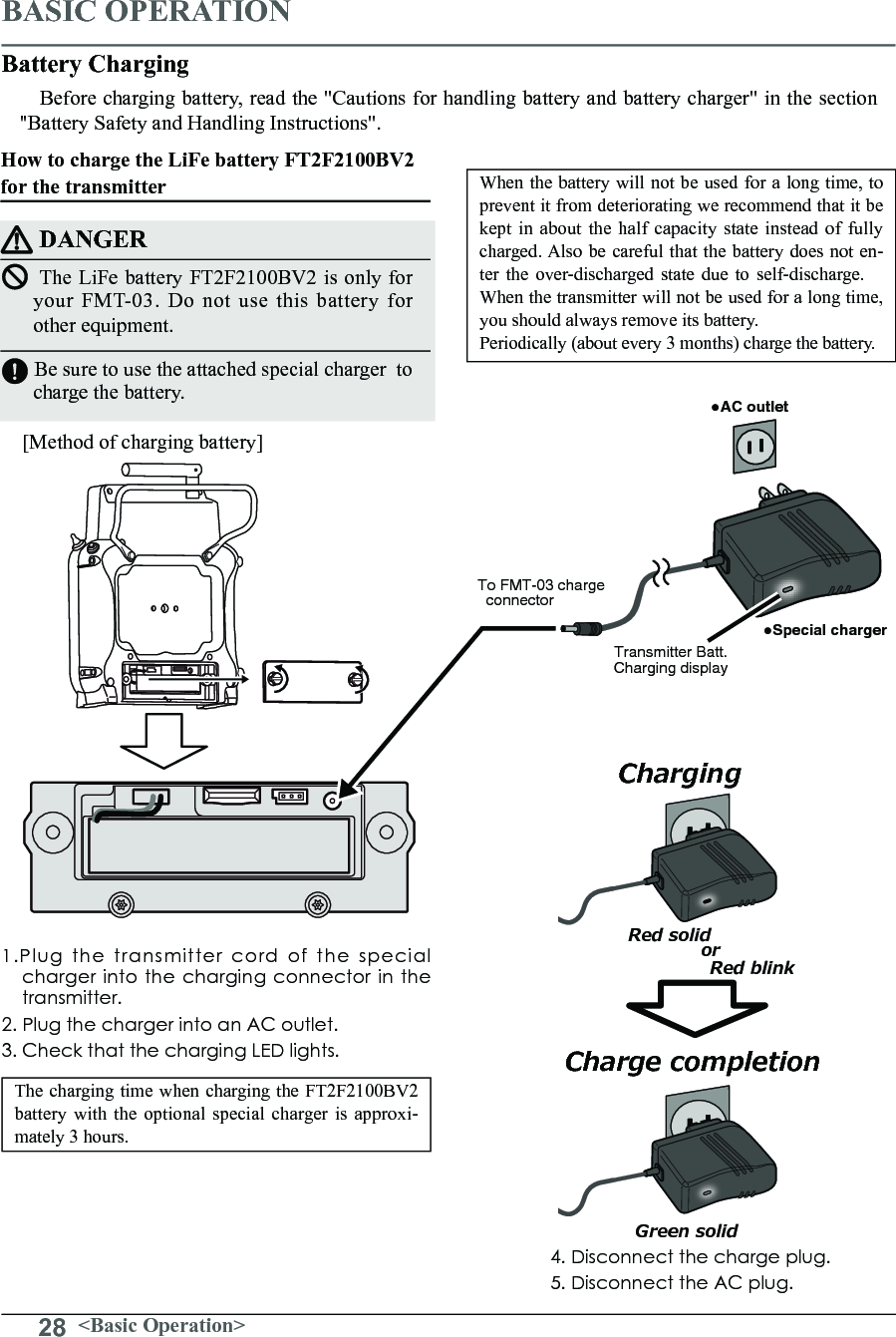 28 &lt;Basic Operation&gt;BASIC OPERATIONHow to charge the LiFe battery FT2F2100BV2 for the transmitterDANGERThe LiFe battery FT2F2100BV2 is only for your FMT-03. Do not use this battery for other equipment.Be sure to use the attached special charger  to charge the battery.[Method of charging battery]Battery ChargingBefore charging battery, read the &quot;Cautions for handling battery and battery charger&quot; in the section &quot;Battery Safety and Handling Instructions&quot;.●Special charger●AC outletTo FMT-03 charge   connectorTransmitter Batt.Charging displayRed solidChargingCharge completionGreen solidRed blinkor1.Plug the transmitter cord of the special charger into the charging connector in the transmitter. 2. Plug the charger into an AC outlet. 3. Check that the charging LED lights. When the battery will not be used for a long time, to prevent it from deteriorating we recommend that it be kept in about the half capacity state instead of fully charged. Also be careful that the battery does not en-ter the over-discharged state due to self-discharge.　When the transmitter will not be used for a long time, you should always remove its battery. Periodically (about every 3 months) charge the battery.The charging time when charging the FT2F2100BV2 battery with the optional special charger is approxi-mately 3 hours. 4. Disconnect the charge plug.5. Disconnect the AC plug.