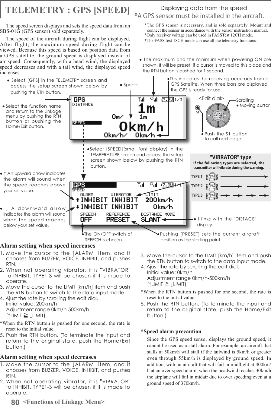 80 &lt;Functions of Linkage Menu&gt;S1&lt;Edit dial&gt;● Select the function name and return to the Linkage menu by pushing the RTN button  or  pushing  the  Home/Exit button.TELEMETRY : GPS [SPEED] Displaying data from the speedThe speed screen displays and sets the speed data from an SBS-01G (GPS sensor) sold separately.The speed of the aircraft during ight can be displayed. After flight, the maximum speed during flight can be viewed. Because this speed is based on position data from a GPS satellite, the ground speed is displayed instead of air speed. Consequently, with a head wind, the displayed speed decreases and with a tail wind, the displayed speed increases.*The GPS sensor is necessary, and is sold separately. Mount and connect the sensor in accordance with the sensor instruction manual. *Only receiver voltage can be used in FASSTest 12CH mode.*The FASSTest 18CH mode can use all the telemetry functions.*A GPS sensor must be installed in the aircraft.●This indicates the receiving  accuracy  from a GPS Satellite. When three bars are displayed, the GPS is ready for use.● Select  [GPS]  in  the TELEMETRY  screen  and access  the  setup  screen  shown  below  by pushing the RTN button.Scrolling● Moving cursor● Speed●  ↓  A  downward  arrow  indicates the alarm will sound when  the  speed  reaches below your set value.● ↑ An upward arrow indicates the  alarm  will  sound  when the  speed  reaches  above your set value.●Select  [SPEED](small  font  display)  in  the TEMPERATURE screen and access the setup screen shown  below  by  pushing  the  RTN button.● The  maximum and  the minimum  when powering  ON are shown. It will be preset, if a cursor is moved to this place and the RTN button is pushed for 1 second.●The ON/OFF switch of SPEECH is chosen.●It  links  with  the  &quot;DISTACE&quot; display.●Pushing  [PRESET]  sets  the  current  aircraft position as the starting point.Alarm setting when speed increases 1.  Move  the  cursor  to  the  ↑ALARM    item,  and  it chooses from  BUZZER, VOICE, INHIBIT,  and pushes RTN. 2.  When  not  operating  vibrator,  it  is  &quot;VIBRATOR&quot; to INHIBIT. TYPE1-3 will be chosen if it is made to operate. 3.  Move the cursor to the LIMIT [km/h] item and push the RTN button to switch to the data input mode.4. Ajust the rate by scrolling the edit dial.  Initial value: 200km/h  Adjustment range 0km/h-500km/h(↑LIMIT ≧ ↓LIMIT)*When the RTN button is pushed for one second, the rate is reset to the initial value.5. Push the  RTN button.  (To terminate the  input and return  to  the  original state,  push  the  Home/Exit button.)Alarm setting when speed decreases1.  Move  the  cursor  to  the  ↓ALARM    item,  and  it chooses from  BUZZER, VOICE, INHIBIT,  and pushes RTN. 2.  When  not  operating  vibrator,  it  is  &quot;VIBRATOR&quot; to INHIBIT. TYPE1-3 will be chosen if it is made to operate. 3.  Move the cursor to the LIMIT [km/h] item and push the RTN button to switch to the data input mode.4. Ajust the rate by scrolling the edit dial.  Initial value: 0km/h  Adjustment range 0km/h-500km/h(↑LIMIT ≧ ↓LIMIT)*When the RTN button is pushed for one second, the rate is reset to the initial value.5. Push the  RTN button.  (To terminate the  input and return  to  the  original state,  push  the  Home/Exit button.)*Speed alarm precautionSince the GPS speed sensor displays the ground speed, it cannot be used as a stall alarm. For example, an aircraft that stalls at 50km/h will stall if the tailwind is 5km/h or greater even through 55km/h is displayed by ground speed. In addition, with an aircraft that will fail in midight at 400km/h at an over-speed alarm, when the headwind reaches 30km/h the airplane will fail in midair due to over speeding even at a ground speed of 370km/h.TYPE 1TYPE 2TYPE 3&quot;VIBRATOR&quot; typeIf the following  types  are selected,  the transmitter will vibrate during the warning.● Push  the  S1  button to call next page. 