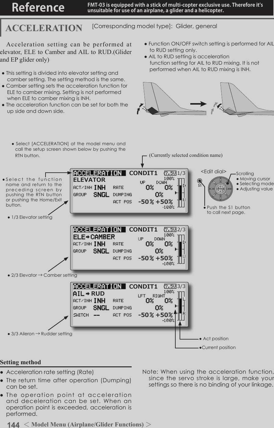 144 ＜Model Menu (Airplane/Glider Functions) ＞Reference FMT-03 is equipped with a stick of multi-copter exclusive use. Therefore it&apos;s unsuitable for use of an airplane, a glider and a helicopter.S1●SelectthefunctionnameandreturntotheprecedingscreenbypushingtheRTNbuttonorpushingtheHome/Exitbutton.&lt;Editdial&gt;[Correspondingmodeltype]:Glider,generalCONDIT11/3ELEVATOR-50 +50ACCELERATION●1/3Elevatorsetting●2/3Elevator →Cambersetting●3/3Aileron →RuddersettingSetting method●Accelerationratesetting(Rate)●Thereturntimeafteroperation(Dumping)canbeset.●Theoperationpointataccelerationanddecelerationcanbeset.Whenanoperationpointisexceeded,accelerationisperformed.(Currently selected condition name)●Select[ACCELERATION]atthemodelmenuandcallthesetupscreenshownbelowbypushingtheRTNbutton.●Actposition●CurrentpositionAcceleration setting can be performed at elevator, ELE to Camber and AIL to RUD.(Glider and EP glider only)   ●Thissettingisdividedintoelevatorsettingandcambersetting.Thesettingmethodisthesame.●CambersettingsetstheaccelerationfunctionforELEtocambermixing.SettingisnotperformedwhenELEtocambermixingisINH.●Theaccelerationfunctioncanbesetforboththeupsideanddownside.●FunctionON/OFFswitchsettingisperformedforAILtoRUDsettingonly.●AILtoRUDsettingisaccelerationfunctionsettingforAILtoRUDmixing.ItisnotperformedwhenAILtoRUDmixingisINH.CONDIT12/3-50 +50CONDIT13/3-50 +50RUDScrolling●Movingcursor●Selectingmode●AdjustingvalueNote:Whenusingtheaccelerationfunction,sincetheservostrokeislarge,makeyoursettingssothereisnobindingofyourlinkage.●PushtheS1buttontocallnextpage. 