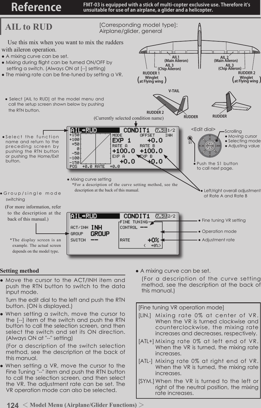 124 ＜Model Menu (Airplane/Glider Functions) ＞Reference FMT-03 is equipped with a stick of multi-copter exclusive use. Therefore it&apos;s unsuitable for use of an airplane, a glider and a helicopter.S1●SelectthefunctionnameandreturntotheprecedingscreenbypushingtheRTNbuttonorpushingtheHome/Exitbutton.&lt;Editdial&gt;RUDDER 2RUDDER RUDDERV-TAILRUDDER 2WingletRUDDER 1Wingletat Flying wing at Flying wing(               ) (               )AIL 3 AIL 3(Chip Aileron) (Chip Aileron)AIL1(Main Aileron) AIL 2(Main Aileron)AIL to RUD [Correspondingmodeltype]:Airplane/glider,generalUse this mix when you want to mix the rudders with aileron operation. ●Amixingcurvecanbeset.●MixingduringightcanbeturnedON/OFFbysettingaswitch.(AlwaysONat[--]setting)●Themixingratecanbene-tunedbysettingaVR.Setting method●MovethecursortotheACT/INHitemandpushtheRTNbuttontoswitchtothedatainputmode. TurntheeditdialtotheleftandpushtheRTNbutton.(ONisdisplayed.)●Whensettingaswitch,movethecursortothe[--]itemoftheswitchandpushtheRTNbuttontocalltheselectionscreen,andthenselecttheswitchandsetitsONdirection.(AlwaysONat&quot;--&quot;setting) (Foradescriptionoftheswitchselectionmethod,seethedescriptionatthebackofthismanual.●WhensettingaVR,movethecursortotheFineTuning&quot;--&quot;itemandpushtheRTNbuttontocalltheselectionscreen,andthenselecttheVR.Theadjustmentratecanbeset.TheVRoperationmodecanalsobeselected.[FinetuningVRoperationmode][LIN.] Mixingrate0%atcenterofVR.WhentheVRisturnedclockwiseandcounterclockwise,themixingrateincreasesanddecreases,respectively.[ATL+]Mixingrate0%atleftendofVR.WhentheVRisturned,themixingrateincreases.[ATL-] Mixingrate0%at rightendofVR.WhentheVRisturned,themixingrateincreases.[SYM.]WhentheVRisturnedtotheleftorrightoftheneutralposition,themixingrateincreases.●Mixingcurvesetting*For a description of the curve setting method, see the description at the back of this manual. ●Left/rightoveralladjustmentatRateAandRateB(Currently selected condition name)●Select[AILtoRUD]atthemodelmenu andcallthesetupscreenshownbelowbypushingtheRTNbutton.●Group/singlemodeswitching(For more information, refer to the description at the back of this manual.)*The display screen is an example. The actual screen depends on the model type.●FinetuningVRsetting●Adjustmentrate●Operationmode●Amixingcurvecanbeset. (Foradescriptionofthecurvesettingmethod,seethedescriptionatthebackofthismanual.)Scrolling●Movingcursor●Selectingmode●Adjustingvalue●PushtheS1buttontocallnextpage. 