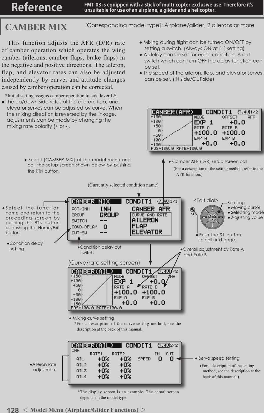 128 ＜Model Menu (Airplane/Glider Functions) ＞Reference FMT-03 is equipped with a stick of multi-copter exclusive use. Therefore it&apos;s unsuitable for use of an airplane, a glider and a helicopter.S1●SelectthefunctionnameandreturntotheprecedingscreenbypushingtheRTNbuttonorpushingtheHome/Exitbutton.&lt;Editdial&gt;CAMBER MIX [Correspondingmodeltype]:Airplane/glider,2aileronsormoreThis function adjusts the AFR (D/R) rate of camber operation which operates the wing camber (ailerons, camber flaps, brake flaps) in the negative and positive directions. The aileron, flap, and elevator rates can also be adjusted independently by curve, and attitude changes caused by camber operation can be corrected.*Initial setting assigns camber operation to side lever LS.●Theup/downsideratesoftheaileron,ap,andelevatorservoscanbeadjustedbycurve.Whenthemixingdirectionisreversedbythelinkage,adjustmentscanbemadebychangingthemixingratepolarity(+or-).●MixingduringightcanbeturnedON/OFFbysettingaswitch.(AlwaysONat[--]setting)●Adelaycanbesetforeachcondition.AcutswitchwhichcanturnOFFthedelayfunctioncanbeset.●Thespeedoftheaileron,ap,andelevatorservoscanbeset.(INside/OUTside)●Conditiondelaycutswitch●Conditiondelaysetting●CamberAFR(D/R)setupscreencall(For a description of the setting method, refer to the AFR function.)●Servospeedsetting(For a description of the setting method, see the description at the back of this manual.)●OveralladjustmentbyRateAandRateB●Aileronrateadjustment(Currently selected condition name)●Select[CAMBERMIX]atthemodelmenuandcallthesetupscreenshownbelowbypushingtheRTNbutton.●Mixingcurvesetting*For a description of the curve setting method, see the description at the back of this manual.*The display screen is an example. The actual screen depends on the model type.(Curve/ratesettingscreen)Scrolling●Movingcursor●Selectingmode●Adjustingvalue●PushtheS1buttontocallnextpage. 