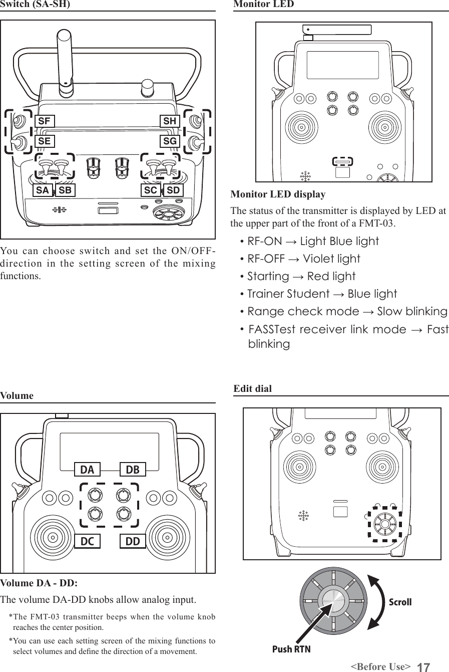 17&lt;Before Use&gt;Switch (SA-SH) You  can  choose  switch  and  set  the  ON/OFF-direction  in  the  setting  screen  of  the  mixing functions.VolumeVolume DA - DD:The volume DA-DD knobs allow analog input. *The FMT-03 transmitter beeps when the volume knob reaches the center position.*You can use each setting screen of the mixing functions to select volumes and dene the direction of a movement.DADCDBDDSA SCSF SHSE SGSB SDMonitor LED• RF-ON → Light Blue light• RF-OFF → Violet light• Starting → Red light• Trainer Student → Blue light• Range check mode → Slow blinking• FASSTest receiver link mode → Fast blinking Monitor LED displayThe status of the transmitter is displayed by LED at the upper part of the front of a FMT-03.Edit dialScroll Push RTN 