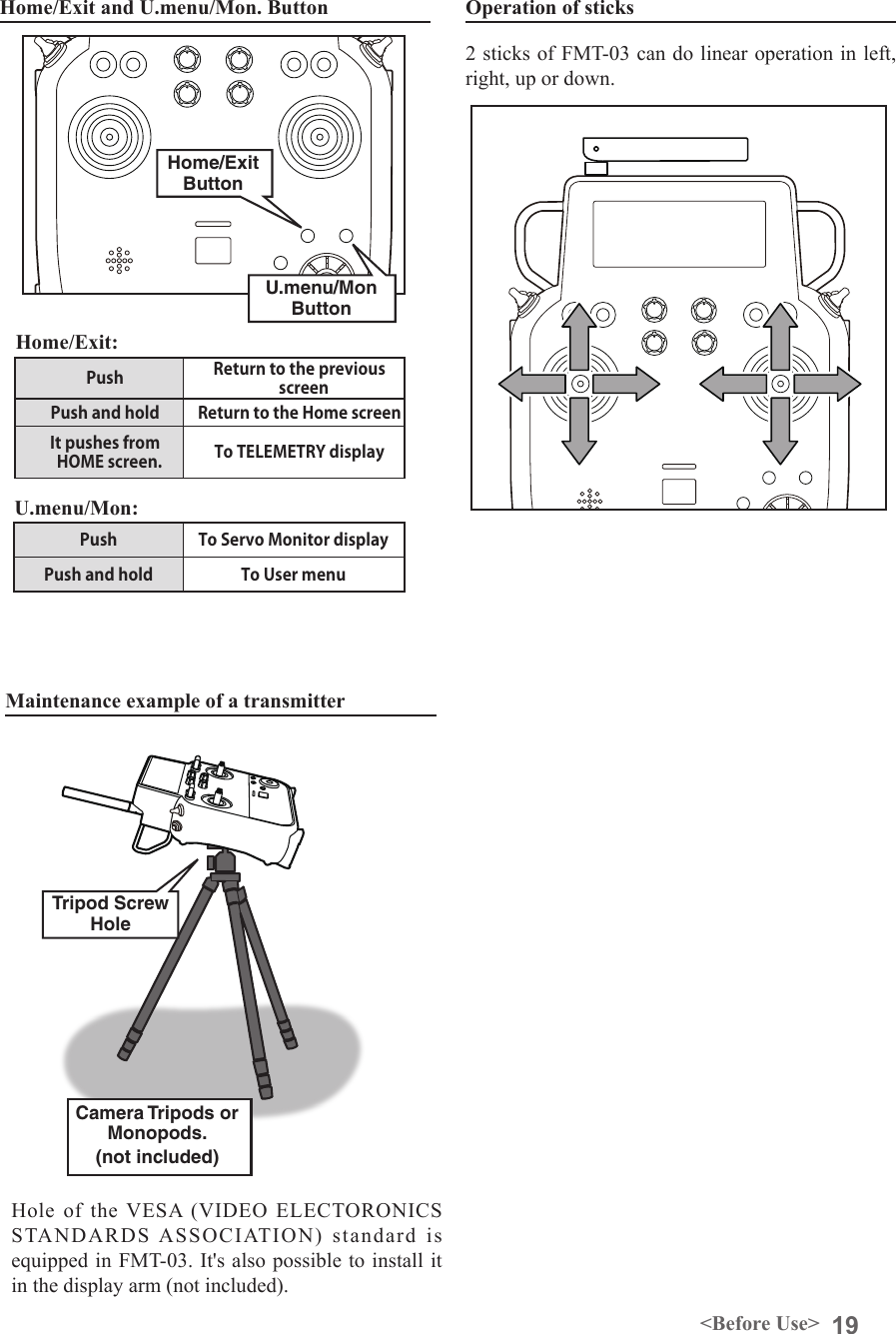 19&lt;Before Use&gt;Home/Exit and U.menu/Mon. ButtonHome/Exit ButtonU.menu/Mon ButtonPush To Servo Monitor displayPush and hold To User menuHome/Exit:U.menu/Mon:Push Return to the previous screenPush and hold Return to the Home screenIt pushes from HOME screen. To TELEMETRY display Maintenance example of a transmitterTripod Screw HoleCamera Tripods or Monopods.(not included)Hole  of  the  VESA  (VIDEO  ELECTORONICS STANDARDS ASSOCIATION)  standard  is equipped in FMT-03. It&apos;s also possible to install it in the display arm (not included).2 sticks of FMT-03 can do linear operation in left, right, up or down.Operation of sticks