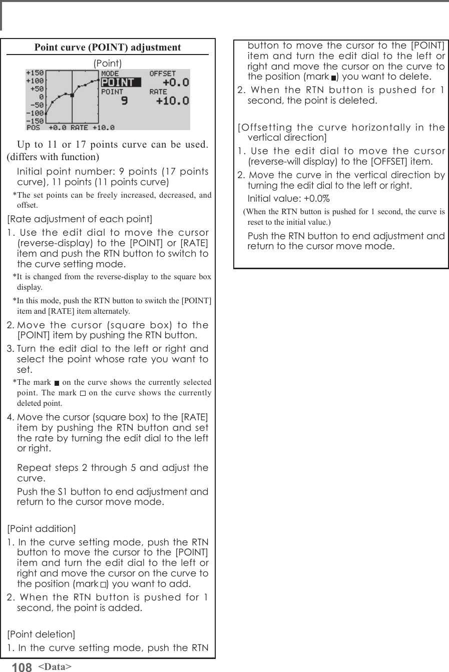 108 &lt;Data&gt;Point curve (POINT) adjustment(Point)Up to 11 or 17 points curve can be used. (differs with function)  Initial point number: 9 points (17 points curve), 11 points (11 points curve)*The set points can be freely increased, decreased, and offset.[Rate adjustment of each point]1. Use the edit dial to move the cursor (reverse-display) to the [POINT] or [RATE] item and push the RTN button to switch to the curve setting mode.*It is changed from the reverse-display to the square box display.*In this mode, push the RTN button to switch the [POINT] item and [RATE] item alternately.2. Move the cursor (square box) to the [POINT] item by pushing the RTN button.3. Turn the edit dial to the left or right and select the point whose rate you want to set.*The mark   on the curve shows the currently selected point. The mark   on the curve shows the currently deleted point.4. Move the cursor (square box) to the [RATE] item by pushing the RTN button and set the rate by turning the edit dial to the left or right.  Repeat steps 2 through 5 and adjust the curve.  Push the S1 button to end adjustment and return to the cursor move mode.[Point addition]1. In the curve setting mode, push the RTN button to move the cursor to the [POINT] item and turn the edit dial to the left or right and move the cursor on the curve to the position (mark ) you want to add.2. When the RTN button is pushed for 1 second, the point is added.[Point deletion]1. In the curve setting mode, push the RTN button to move the cursor to the [POINT] item and turn the edit dial to the left or right and move the cursor on the curve to the position (mark ) you want to delete.2. When the RTN button is pushed for 1 second, the point is deleted.[Offsetting the curve horizontally in the vertical direction]1. Use the edit dial to move the cursor (reverse-will display) to the [OFFSET] item.2. Move the curve in the vertical direction by turning the edit dial to the left or right.  Initial value: +0.0%(When the RTN button is pushed for 1 second, the curve is reset to the initial value.)  Push the RTN button to end adjustment and return to the cursor move mode.