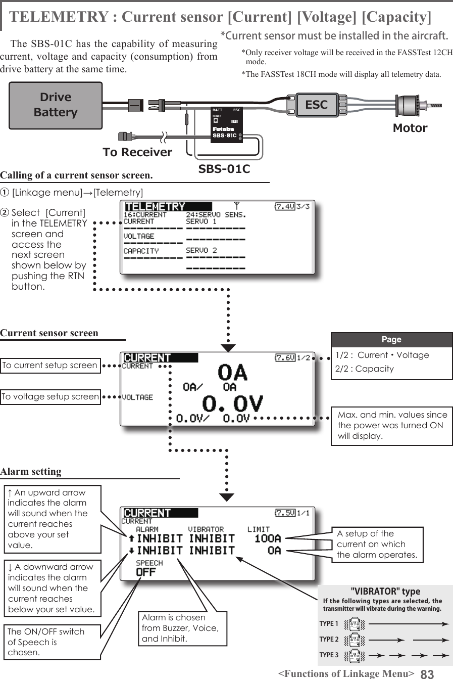 83&lt;Functions of Linkage Menu&gt;Current sensor screenAlarm settingCalling of a current sensor screen.①[Linkage menu]→[Telemetry]②Select  [Current] in the TELEMETRY screen and access the next screen shown below by pushing the RTN button.A setup of the current on which the alarm operates. Alarm is chosen from Buzzer, Voice, and Inhibit.The ON/OFF switch of Speech is chosen.↑ An upward arrow indicates the alarm will sound when the current reaches above your set value.↓ A downward arrow indicates the alarm will sound when the current reaches below your set value.PageDriveBatterySBS-01CTo ReceiverMotorESC*Current sensor must be installed in the aircraft.TELEMETRY : Current sensor [Current] [Voltage] [Capacity]The SBS-01C has the capability of measuring current, voltage and capacity (consumption) from drive battery at the same time. *Only receiver voltage will be received in the FASSTest 12CH mode.*The FASSTest 18CH mode will display all telemetry data.1/2 :  Current・Voltage2/2 : CapacityMax. and min. values since the power was turned ON will display.TYPE 1TYPE 2TYPE 3&quot;VIBRATOR&quot; typeIf the following  types  are selected, the transmitter will vibrate during the warning.To current setup screenTo voltage setup screenPage