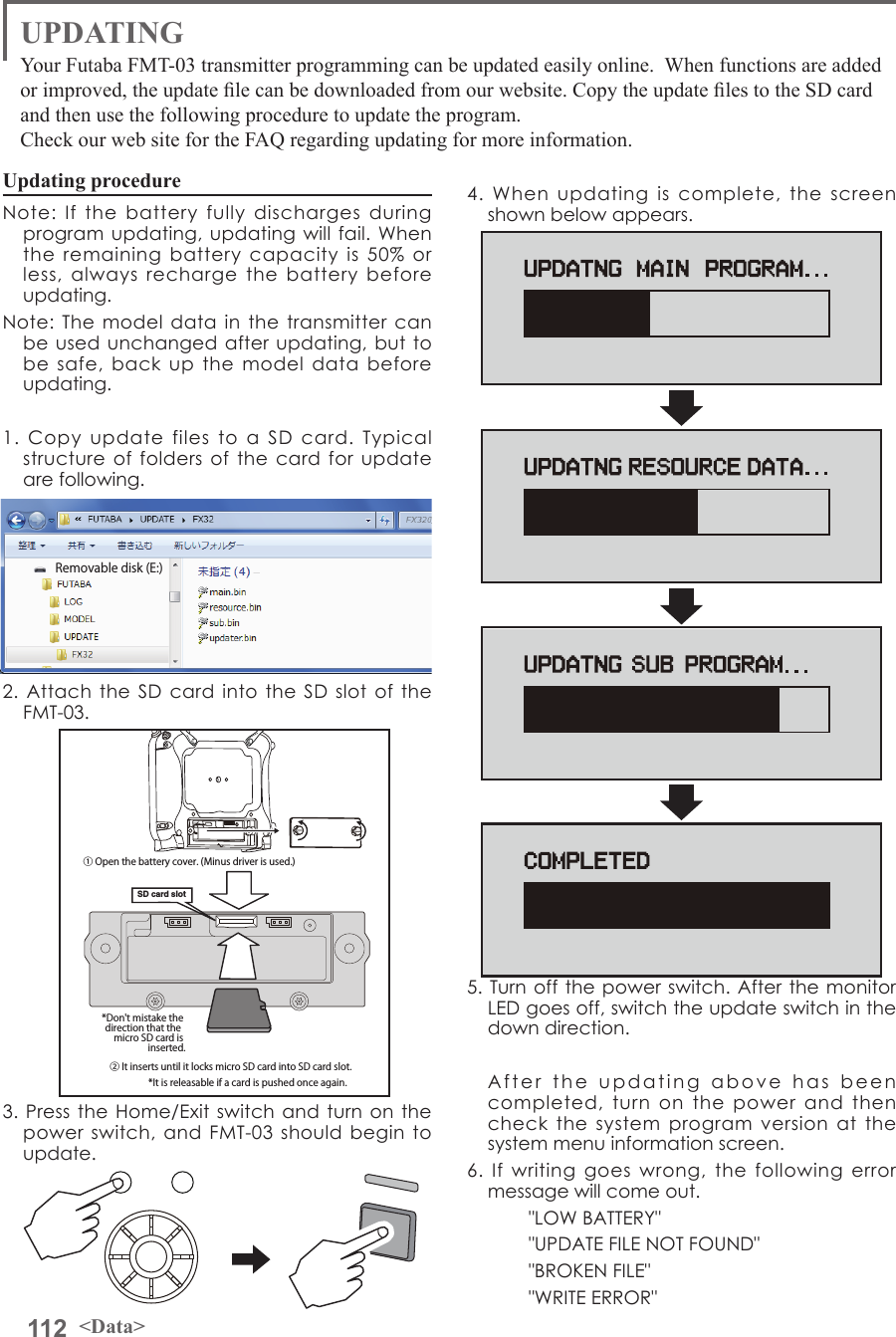 112 &lt;Data&gt;UPDATINGYour Futaba FMT-03 transmitter programming can be updated easily online.  When functions are added or improved, the update le can be downloaded from our website. Copy the update les to the SD card and then use the following procedure to update the program.Check our web site for the FAQ regarding updating for more information.Updating procedureNote: If the battery fully discharges during program updating, updating will fail. When the remaining battery capacity is 50% or less, always recharge the battery before updating.Note: The model data in the transmitter can be used unchanged after updating, but to be safe, back up the model data before updating.1. Copy update files to a SD card. Typical structure of folders of the card for update are following.2. Attach the SD card into the SD slot of the FMT-03.3. Press the Home/Exit switch and turn on the power switch, and FMT-03 should begin to update.4. When updating is complete, the screen shown below appears.  5. Turn off the power switch. After the monitor LED goes off, switch the update switch in the down direction.  After the updating above has been completed, turn on the power and then check the system program version at the system menu information screen.6. If writing goes wrong, the following error message will come out.&quot;LOW BATTERY&quot;&quot;UPDATE FILE NOT FOUND&quot;&quot;BROKEN FILE&quot;&quot;WRITE ERROR&quot;  Removable disk (E:)② It inserts until it locks micro SD card into SD card slot.*It is releasable if a card is pushed once again.*Don&apos;t mistake the direction that the  micro SD card is inserted.① Open the battery cover. (Minus driver is used.)SD card slot