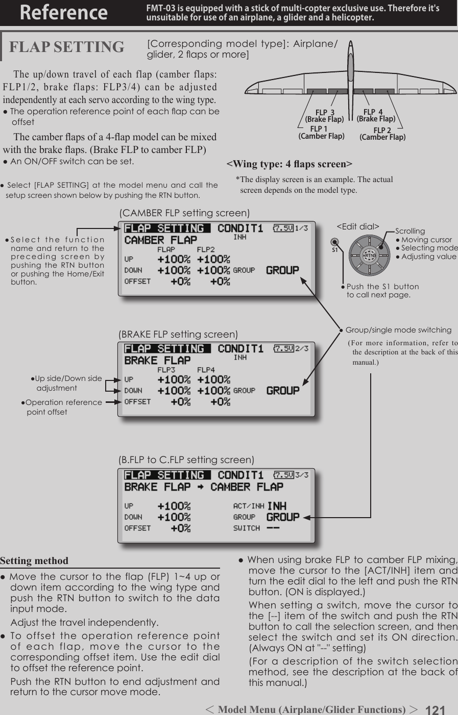 121＜Model Menu (Airplane/Glider Functions) ＞Reference FMT-03 is equipped with a stick of multi-copter exclusive use. Therefore it&apos;s unsuitable for use of an airplane, a glider and a helicopter.S1●SelectthefunctionnameandreturntotheprecedingscreenbypushingtheRTNbuttonorpushingtheHome/Exitbutton.&lt;Editdial&gt;FLP 2(Camber Flap)FLP 1(Camber Flap)FLP  3(Brake Flap) FLP  4(Brake Flap)FLAP SETTING [Correspondingmodeltype]:Airplane/glider,2apsormore]The up/down travel of each flap (camber flaps: FLP1/2,  brake  flaps:  FLP3/4)  can  be  adjusted independently at each servo according to the wing type.●TheoperationreferencepointofeachapcanbeoffsetThe camber aps of a 4-ap model can be mixed with the brake aps. (Brake FLP to camber FLP)●AnON/OFFswitchcanbeset. &lt;Wing type: 4 aps screen&gt;*The display screen is an example. The actual screen depends on the model type.Setting method●Movethecursortotheflap(FLP)1~4upordownitemaccordingtothewingtypeandpushtheRTNbuttontoswitchtothedatainputmode. Adjustthetravelindependently.●Tooffsettheoperationreferencepointofeachflap,movethecursortothecorrespondingoffsetitem.Usetheeditdialtooffsetthereferencepoint. PushtheRTNbuttontoendadjustmentandreturntothecursormovemode.●Operationreferencepointoffset●Upside/Downsideadjustment●Group/singlemodeswitching(For more information, refer to the description at the back of this manual.)●WhenusingbrakeFLPtocamberFLPmixing,movethecursortothe[ACT/INH]itemandturntheeditdialtotheleftandpushtheRTNbutton.(ONisdisplayed.) Whensettingaswitch,movethecursortothe[--]itemoftheswitchandpushtheRTNbuttontocalltheselectionscreen,andthenselecttheswitchandsetitsONdirection.(AlwaysONat&quot;--&quot;setting) (Foradescriptionoftheswitchselectionmethod,seethedescriptionatthebackofthismanual.)(CAMBERFLPsettingscreen)(BRAKEFLPsettingscreen)(B.FLPtoC.FLPsettingscreen)●Select[FLAPSETTING]atthemodelmenuandcallthesetupscreenshownbelowbypushingtheRTNbutton.Scrolling●Movingcursor●Selectingmode●Adjustingvalue●PushtheS1 buttontocallnextpage. 