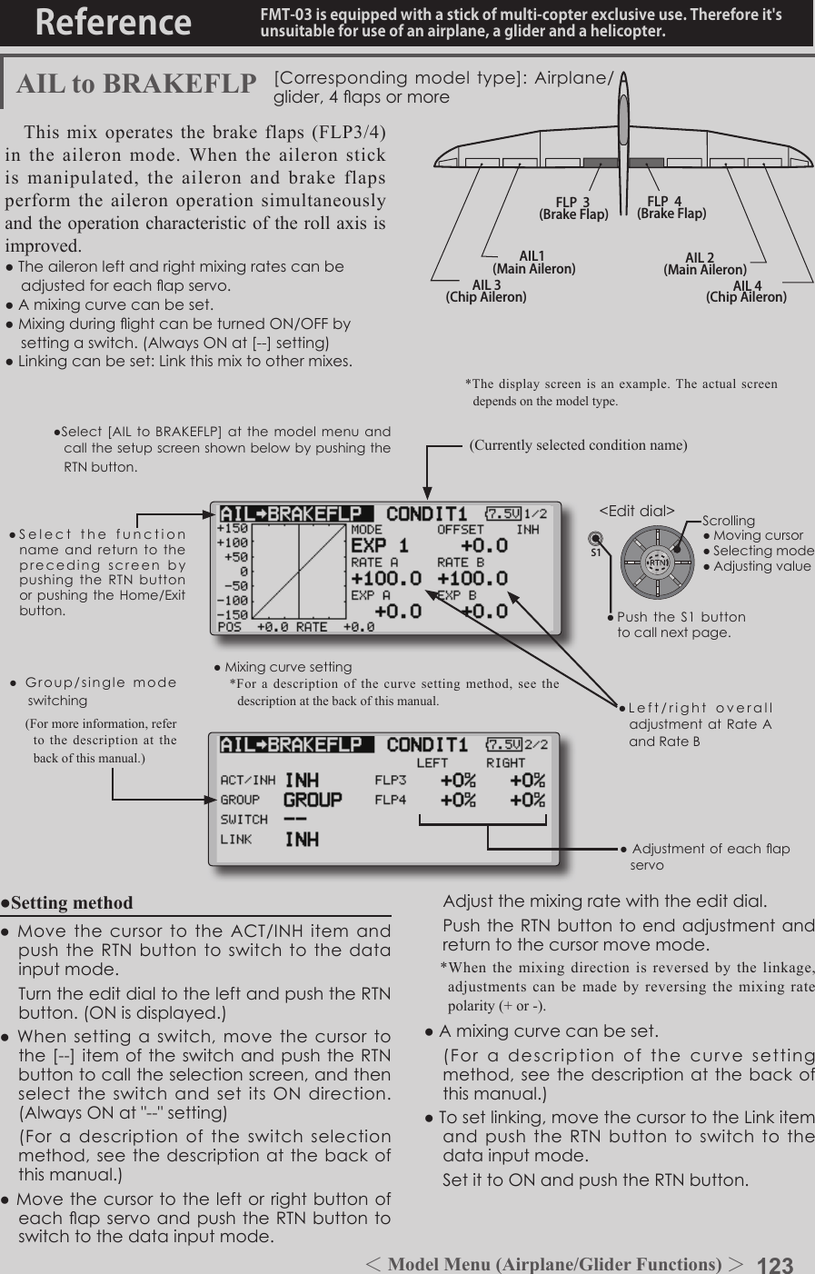 123＜Model Menu (Airplane/Glider Functions) ＞Reference FMT-03 is equipped with a stick of multi-copter exclusive use. Therefore it&apos;s unsuitable for use of an airplane, a glider and a helicopter.S1●SelectthefunctionnameandreturntotheprecedingscreenbypushingtheRTNbuttonorpushingtheHome/Exitbutton.&lt;Editdial&gt;AIL 3(Chip Aileron) AIL 4(Chip Aileron)AIL1(Main Aileron) AIL 2(Main Aileron)FLP  3(Brake Flap) FLP  4(Brake Flap)AIL to BRAKEFLP [Correspondingmodeltype]:Airplane/glider,4apsormoreThis  mix  operates  the brake  flaps  (FLP3/4) in the aileron mode. When the aileron stick is manipulated, the aileron and brake flaps perform the aileron operation simultaneously and the operation characteristic of the roll axis is improved.●Theaileronleftandrightmixingratescanbeadjustedforeachapservo.●Amixingcurvecanbeset.●MixingduringightcanbeturnedON/OFFbysettingaswitch.(AlwaysONat[--]setting)●Linkingcanbeset:Linkthismixtoothermixes.●Setting method●MovethecursortotheACT/INHitemandpushtheRTNbuttontoswitchtothedatainputmode. TurntheeditdialtotheleftandpushtheRTNbutton.(ONisdisplayed.)●Whensettingaswitch,movethecursortothe[--]itemoftheswitchandpushtheRTNbuttontocalltheselectionscreen,andthenselecttheswitchandsetitsONdirection.(AlwaysONat&quot;--&quot;setting) (Foradescriptionoftheswitchselectionmethod,seethedescriptionatthebackofthismanual.)●MovethecursortotheleftorrightbuttonofeachapservoandpushtheRTNbuttontoswitchtothedatainputmode. Adjustthemixingratewiththeeditdial. PushtheRTNbuttontoendadjustmentandreturntothecursormovemode.*When the mixing direction is reversed by the linkage, adjustments can be made by reversing the mixing rate polarity (+ or -).●Amixingcurvecanbeset. (Foradescriptionofthecurvesettingmethod,seethedescriptionatthebackofthismanual.)●Tosetlinking,movethecursortotheLinkitemandpushtheRTNbuttontoswitchtothedatainputmode. SetittoONandpushtheRTNbutton.●Mixingcurvesetting*For a description of the curve setting method, see the description at the back of this manual.●Adjustmentofeachapservo●Left/rightoveralladjustmentatRateAandRateB(Currently selected condition name)●Select[AILtoBRAKEFLP]atthemodelmenuandcallthesetupscreenshownbelowbypushingtheRTNbutton.●Group/singlemodeswitching(For more information, refer to the description at the back of this manual.)*The display screen is an example. The actual screen depends on the model type.Scrolling●Movingcursor●Selectingmode●Adjustingvalue●PushtheS1 buttontocallnextpage. 