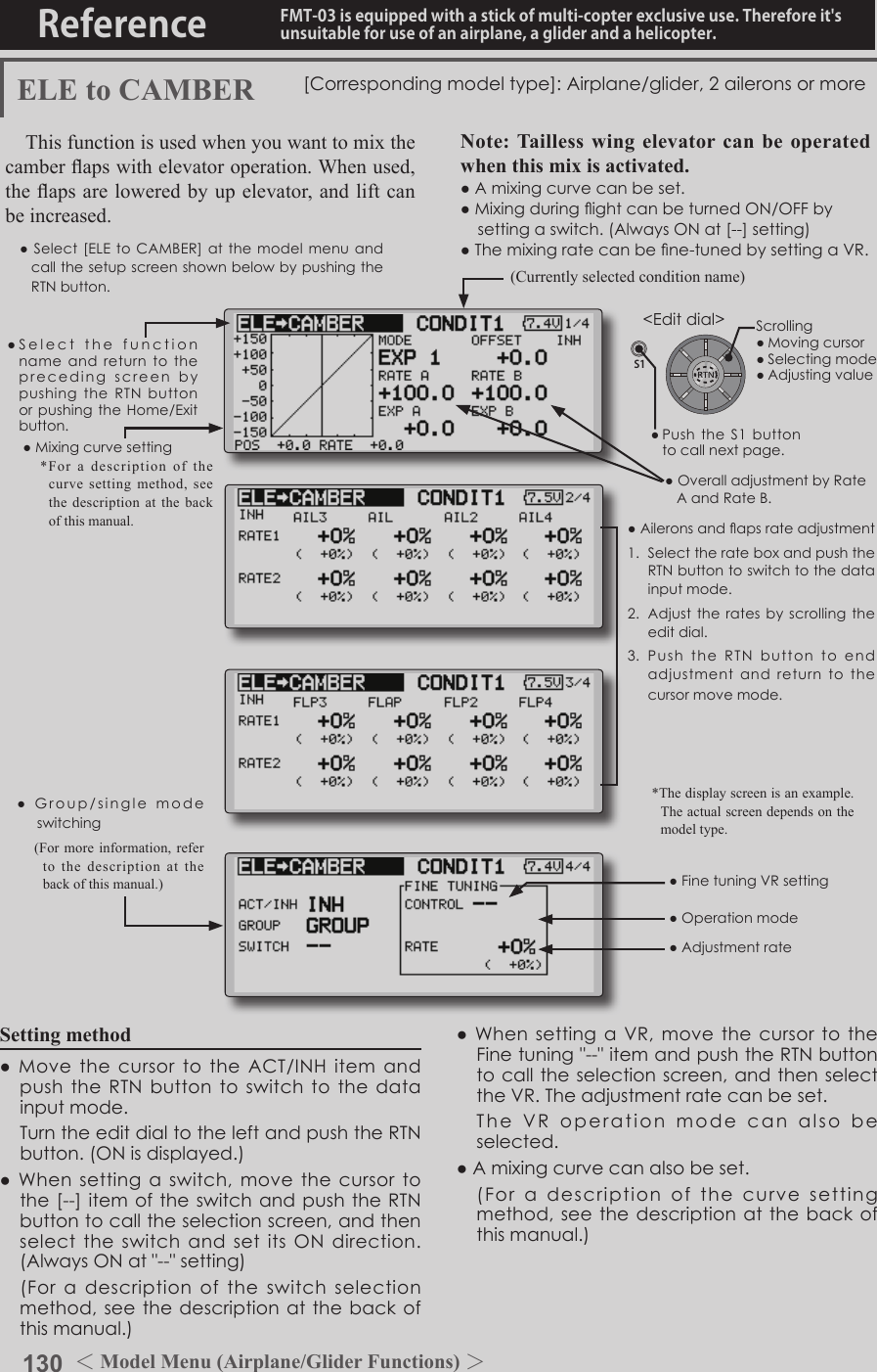 130 ＜Model Menu (Airplane/Glider Functions) ＞Reference FMT-03 is equipped with a stick of multi-copter exclusive use. Therefore it&apos;s unsuitable for use of an airplane, a glider and a helicopter.S1●SelectthefunctionnameandreturntotheprecedingscreenbypushingtheRTNbuttonorpushingtheHome/Exitbutton.&lt;Editdial&gt;ELE to CAMBER [Correspondingmodeltype]:Airplane/glider,2aileronsormoreThis function is used when you want to mix the camber aps with elevator operation. When used,  the aps are lowered by up elevator, and lift can be increased.Note: Tailless wing elevator can be operated when this mix is activated.●Amixingcurvecanbeset.●MixingduringightcanbeturnedON/OFFbysettingaswitch.(AlwaysONat[--]setting)●Themixingratecanbene-tunedbysettingaVR.●Aileronsandapsrateadjustment1. SelecttherateboxandpushtheRTNbuttontoswitchtothedatainputmode.2. Adjusttheratesbyscrollingtheeditdial.3. PushtheRTNbuttontoendadjustmentandreturn to thecursormovemode.Setting method●MovethecursortotheACT/INHitemandpushtheRTNbuttontoswitchtothedatainputmode. TurntheeditdialtotheleftandpushtheRTNbutton.(ONisdisplayed.)●Whensettingaswitch,movethecursortothe[--]itemoftheswitchandpushtheRTNbuttontocalltheselectionscreen,andthenselecttheswitchandsetitsONdirection.(AlwaysONat&quot;--&quot;setting) (Foradescriptionoftheswitchselectionmethod,seethedescriptionatthebackofthismanual.)●WhensettingaVR,movethecursortotheFinetuning&quot;--&quot;itemandpushtheRTNbuttontocalltheselectionscreen,andthenselecttheVR.Theadjustmentratecanbeset. TheVRoperationmodecanalsobeselected.●Amixingcurvecanalsobeset. (Foradescriptionofthecurvesettingmethod,seethedescriptionatthebackofthismanual.)●Group/singlemodeswitching(For more information, refer to the description at the back of this manual.)●OveralladjustmentbyRateAandRateB.(Currently selected condition name)●Select[ELEtoCAMBER] at the modelmenuandcallthesetupscreenshownbelowbypushingtheRTNbutton.●Mixingcurvesetting*For a description of the curve setting method, see the description at the back of this manual.*The display screen is an example. The actual screen depends on the model type.●FinetuningVRsetting●Adjustmentrate●OperationmodeScrolling●Movingcursor●Selectingmode●Adjustingvalue●PushtheS1 buttontocallnextpage. 