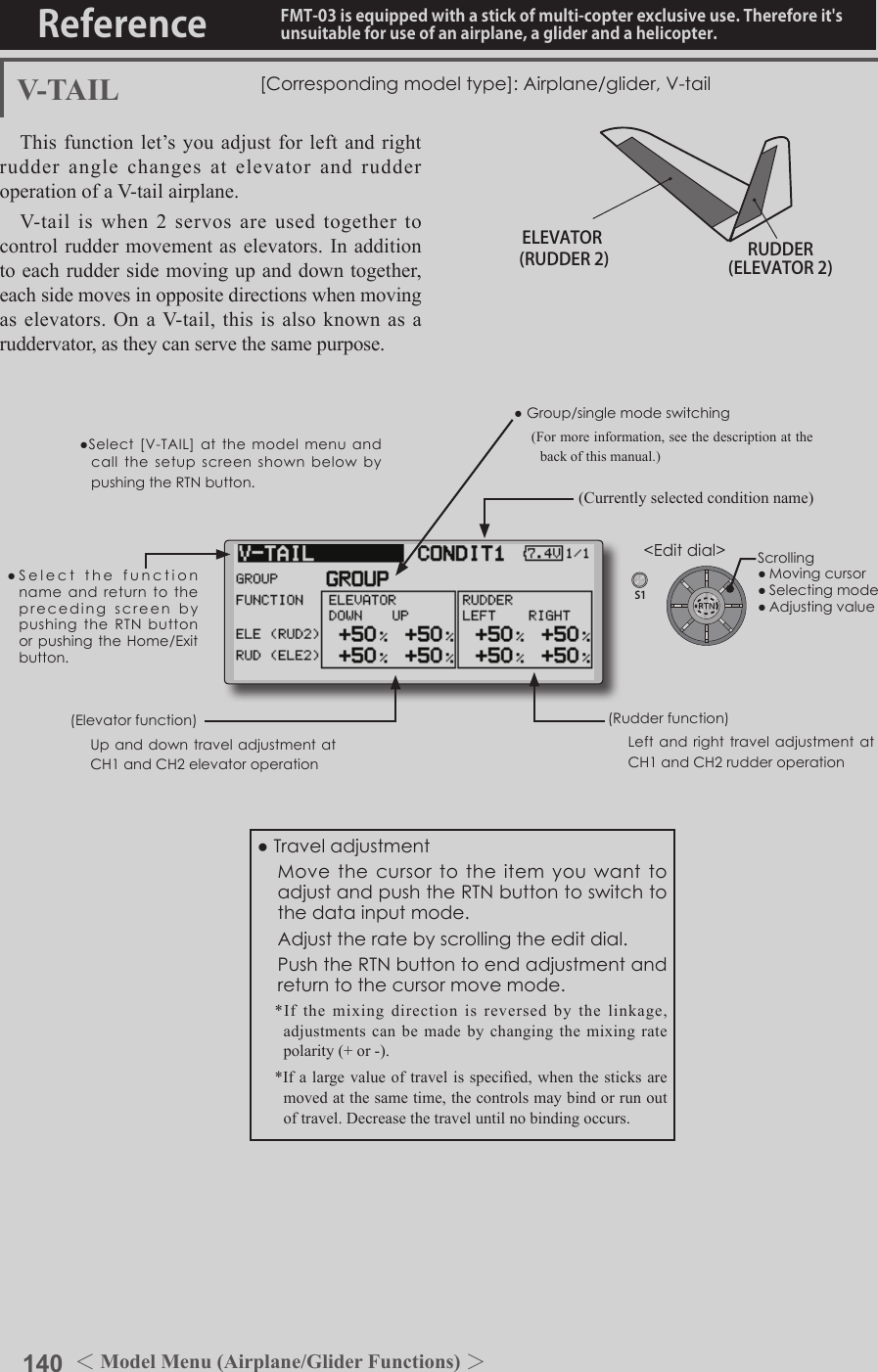 140 ＜Model Menu (Airplane/Glider Functions) ＞Reference FMT-03 is equipped with a stick of multi-copter exclusive use. Therefore it&apos;s unsuitable for use of an airplane, a glider and a helicopter.S1●SelectthefunctionnameandreturntotheprecedingscreenbypushingtheRTNbuttonorpushingtheHome/Exitbutton.&lt;Editdial&gt;ELEVATOR(RUDDER 2) RUDDER(ELEVATOR 2)V-TAIL [Correspondingmodeltype]:Airplane/glider,V-tailThis function let’s you adjust for left and right rudder angle changes at elevator and rudder operation of a V-tail airplane.V-tail  is  when  2  servos  are  used  together  to control rudder movement as elevators. In addition to each rudder side moving up and down together, each side moves in opposite directions when moving as elevators. On a V-tail, this is  also  known  as a ruddervator, as they can serve the same purpose.(Rudderfunction) LeftandrighttraveladjustmentatCH1andCH2rudderoperation●Group/singlemodeswitching(For more information, see the description at the back of this manual.)(Elevatorfunction) Upanddowntravel adjustmentatCH1andCH2elevatoroperation(Currently selected condition name)●Select[V-TAIL]atthemodelmenuandcallthesetupscreenshownbelowbypushingtheRTNbutton.●Traveladjustment MovethecursortotheitemyouwanttoadjustandpushtheRTNbuttontoswitchtothedatainputmode. Adjusttheratebyscrollingtheeditdial. PushtheRTNbuttontoendadjustmentandreturntothecursormovemode.*If the mixing direction is reversed by the linkage, adjustments can be made by changing the mixing rate polarity (+ or -).*If a large value of travel is specied, when the sticks are moved at the same time, the controls may bind or run out of travel. Decrease the travel until no binding occurs.Scrolling●Movingcursor●Selectingmode●Adjustingvalue