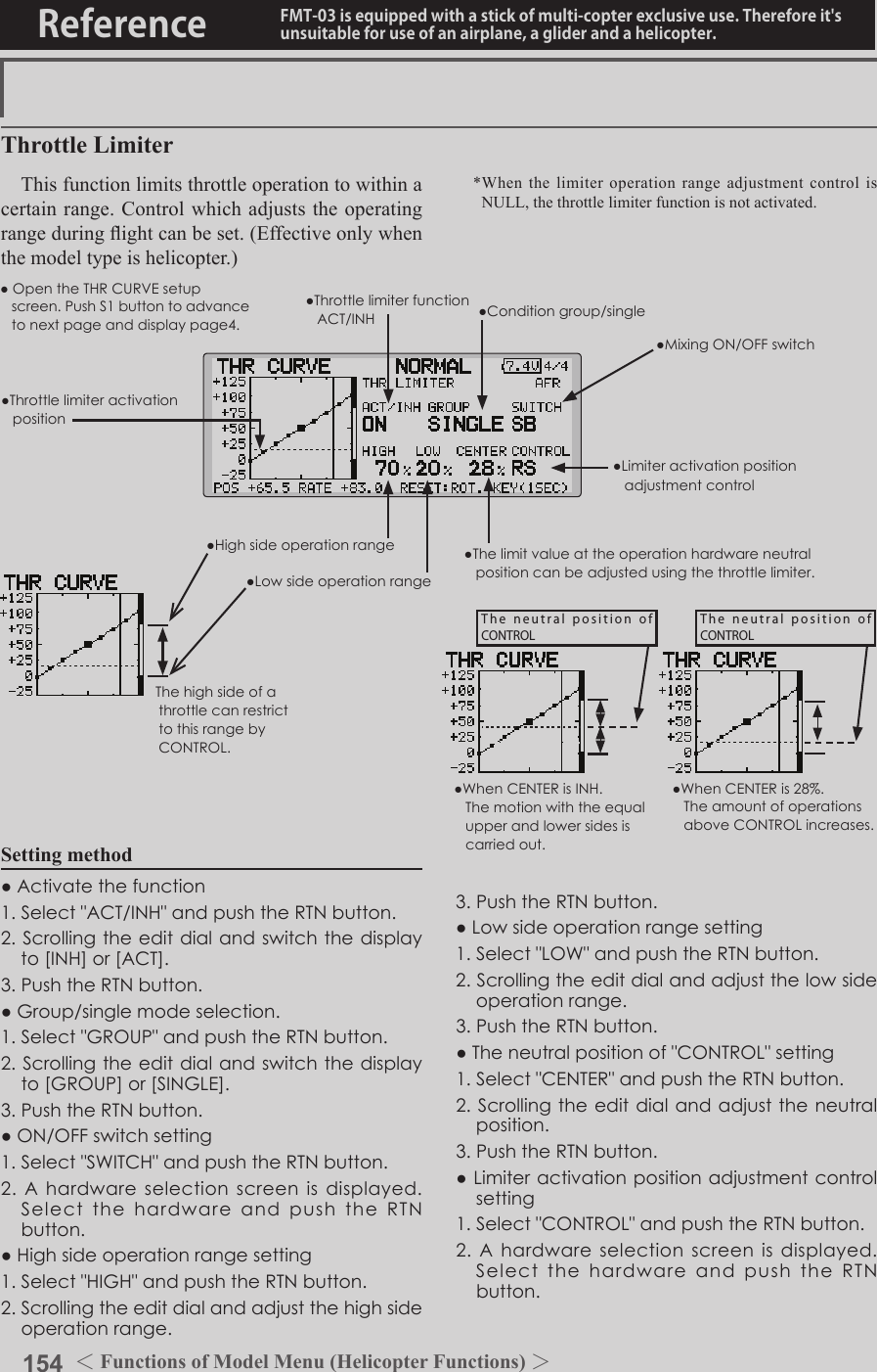 154 ＜Functions of Model Menu (Helicopter Functions) ＞Reference FMT-03 is equipped with a stick of multi-copter exclusive use. Therefore it&apos;s unsuitable for use of an airplane, a glider and a helicopter.Setting method●Activatethefunction1.Select&quot;ACT/INH&quot;andpushtheRTNbutton.2.Scrollingtheeditdialandswitchthedisplayto[INH]or[ACT].3.PushtheRTNbutton.●Group/singlemodeselection.1.Select&quot;GROUP&quot;andpushtheRTNbutton.2.Scrollingtheeditdialandswitchthedisplayto[GROUP]or[SINGLE].3.PushtheRTNbutton.●ON/OFFswitchsetting1.Select&quot;SWITCH&quot;andpushtheRTNbutton.2.Ahardwareselectionscreenisdisplayed.SelectthehardwareandpushtheRTNbutton.●Highsideoperationrangesetting1.Select&quot;HIGH&quot;andpushtheRTNbutton.2.Scrollingtheeditdialandadjustthehighsideoperationrange.3.PushtheRTNbutton.●Lowsideoperationrangesetting1.Select&quot;LOW&quot;andpushtheRTNbutton.2.Scrollingtheeditdialandadjustthelowsideoperationrange.3.PushtheRTNbutton.●Theneutralpositionof&quot;CONTROL&quot;setting1.Select&quot;CENTER&quot;andpushtheRTNbutton.2.Scrollingtheeditdialandadjusttheneutralposition.3.PushtheRTNbutton.●Limiteractivationpositionadjustmentcontrolsetting1.Select&quot;CONTROL&quot;andpushtheRTNbutton.2.Ahardwareselectionscreenisdisplayed.SelectthehardwareandpushtheRTNbutton.Throttle Limiter*When the limiter operation range adjustment control is NULL, the throttle limiter function is not activated.This function limits throttle operation to within a certain range. Control which adjusts the operating range during ight can be set. (Effective only when the model type is helicopter.)●OpentheTHRCURVEsetupscreen.PushS1buttontoadvancetonextpageanddisplaypage4.●Throttlelimiteractivationposition●Conditiongroup/single●ThrottlelimiterfunctionACT/INH●MixingON/OFFswitch ●Limiteractivationpositionadjustmentcontrol●Thelimitvalueattheoperationhardwareneutralpositioncanbeadjustedusingthethrottlelimiter.●Highsideoperationrange●Lowsideoperationrange●WhenCENTERisINH.Themotionwiththeequalupperandlowersidesiscarriedout.●WhenCENTERis28%.TheamountofoperationsaboveCONTROLincreases.　ThehighsideofathrottlecanrestricttothisrangebyCONTROL.The  neutral  position  of  CONTROLThe  neutral  position  of  CONTROL