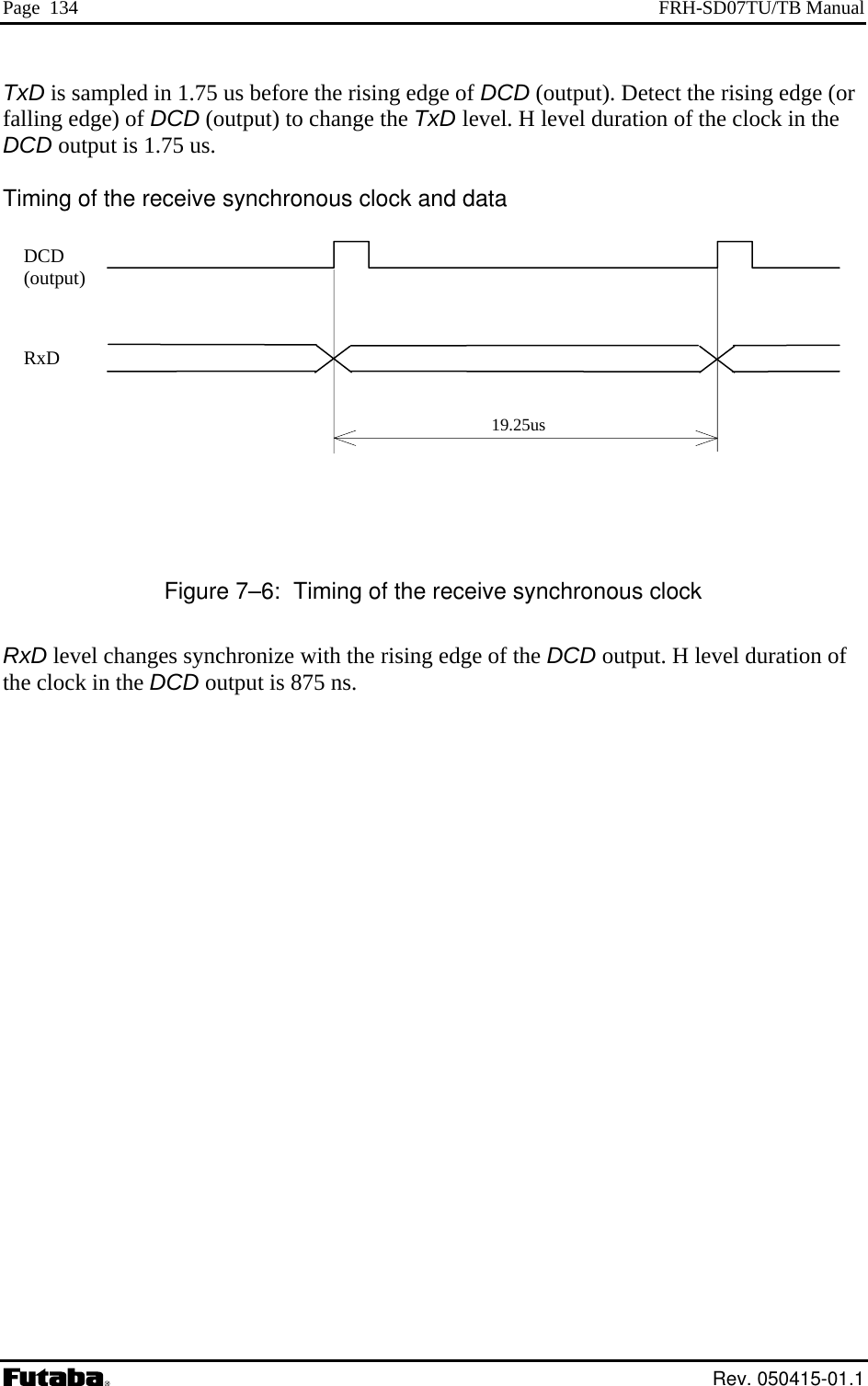 Page  134  FRH-SD07TU/TB Manual TxD is sampled in 1.7 or falling edge) of DCD l duration of the clock in the DCD output is 1.75 us.  Timing of the receiv      Figure 7–6:  Timing of the receive synchronous clock xD level changes synchronize with the rising edge of the DCD output. H level duration of DCD output is 875 ns. 19.25us5 us before the rising edge of DCD (output). Detect the rising edge ((output) to change the TxD level. H levee synchronous clock and data         Rthe clock in the DCD (output) RxD  Rev. 050415-01.1 