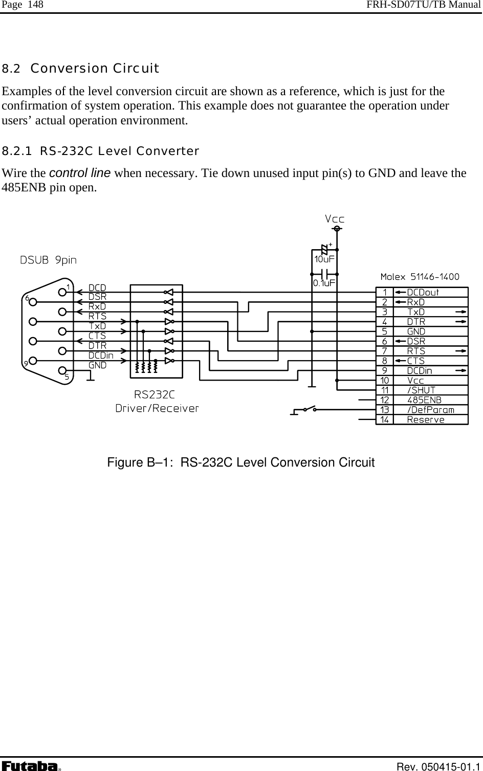 Page  148  FRH-SD07TU/TB Manual 8.2  Conversion Ci uiExamples of the level conversion circuit are shown as a reference, which is just for the onfirmation of system operation. This example does not guarantee the operation under users’ actual operation environment. e the  rc t c8.2.1  RS-232C Level Converter Wire the control line when necessary. Tie down unused input pin(s) to GND and leav485ENB pin open.   Figure B–1:  RS-232C Level Conversion Circuit  Rev. 050415-01.1 