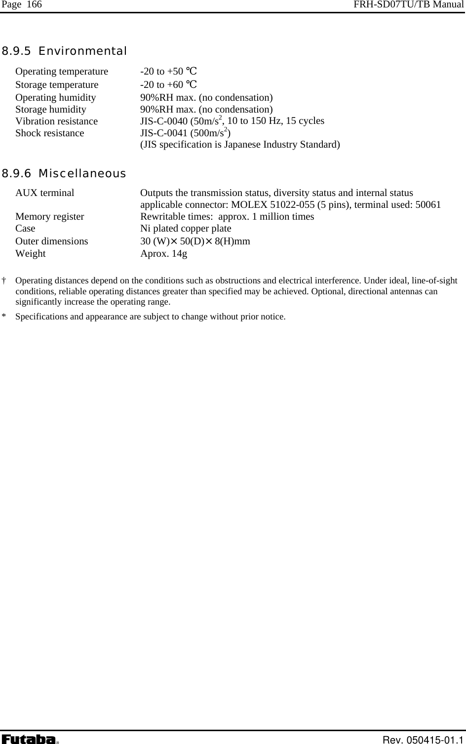 Page  166  FRH-SD07TU/TB Manual 8.9.5  Environmental Operating temperature  -20 to +50 ℃ Storage temperature  -20 to +60 ℃ Operating humidity  90%RH max. (no condensation)  Storage humidity  90%RH max. (no condensation) Vibration resistance  JIS-C-0040 (50m/s2, 10 to 150 Hz, 15 cycles Shock resistance  JIS-C-0041 (500m/s2)   (JIS specification is Japanese Industry Standard) 8.9.6  Miscellaneous AUX terminal  Outputs the transmission status, diversity status and internal status   applicable connector: MOLEX 51022-055 (5 pins), terminal used: 50061 Memory register  Rewritable times:  approx. 1 million times Case  Ni plated copper plate Outer dimensions  30 (W)×50(D)×8(H)mm Weight Aprox. 14g  †  Operating distances depend on the conditions such as obstructions and electrical interference. Under ideal, line-of-sight conditions, reliable operating distances greater than specified may be achieved. Optional, directional antennas can significantly increase the operating range. *  Specifications and appearance are subject to change without prior notice.   Rev. 050415-01.1 