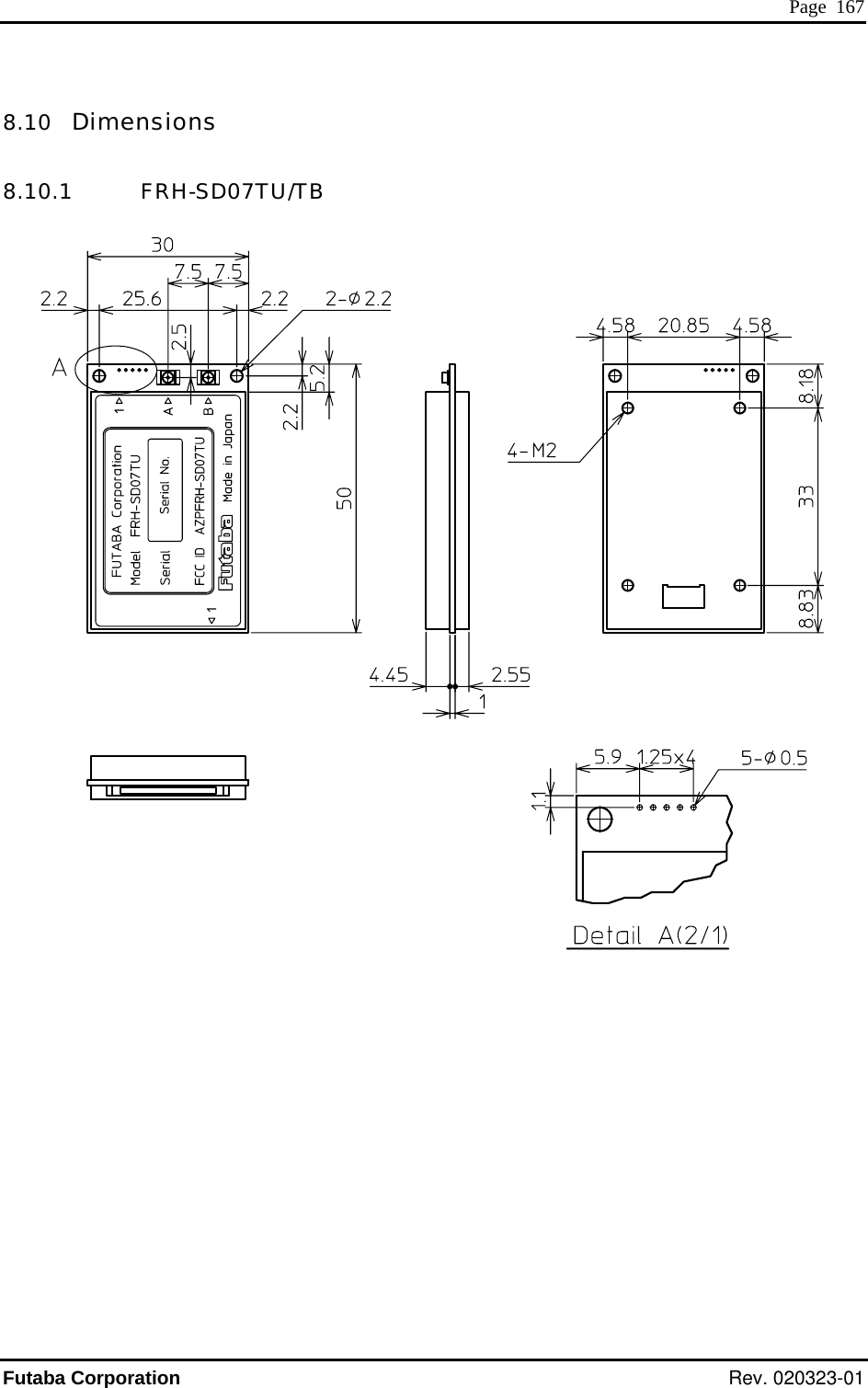  Page  167 8.10   Dimensions 8.10.1   FRH-SD07TU/TB     Futaba Corporation Rev. 020323-01 