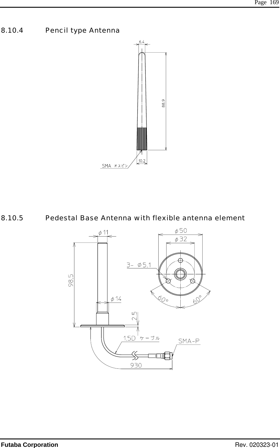  Page  169 8.10.4   Pencil type Antenna      8.10.5   Pedestal Base Antenna with flexible antenna element       Futaba Corporation Rev. 020323-01 