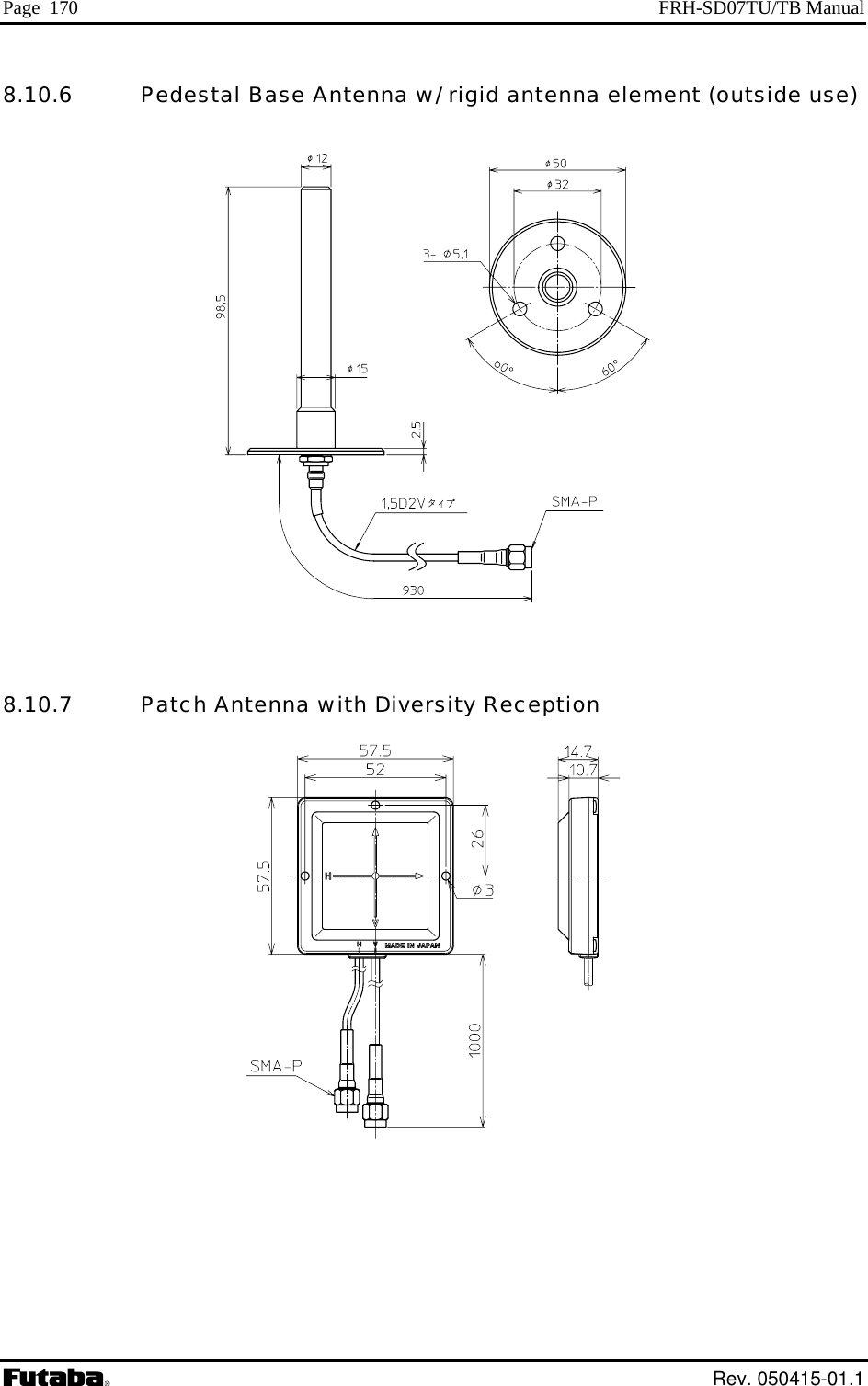 Page  170  FRH-SD07TU/TB Manual 8.10.6   Pedestal Base Antenna w/ rigid antenna element (outside use)     8.10.7   Patch Antenna with Diversity Reception        Rev. 050415-01.1 