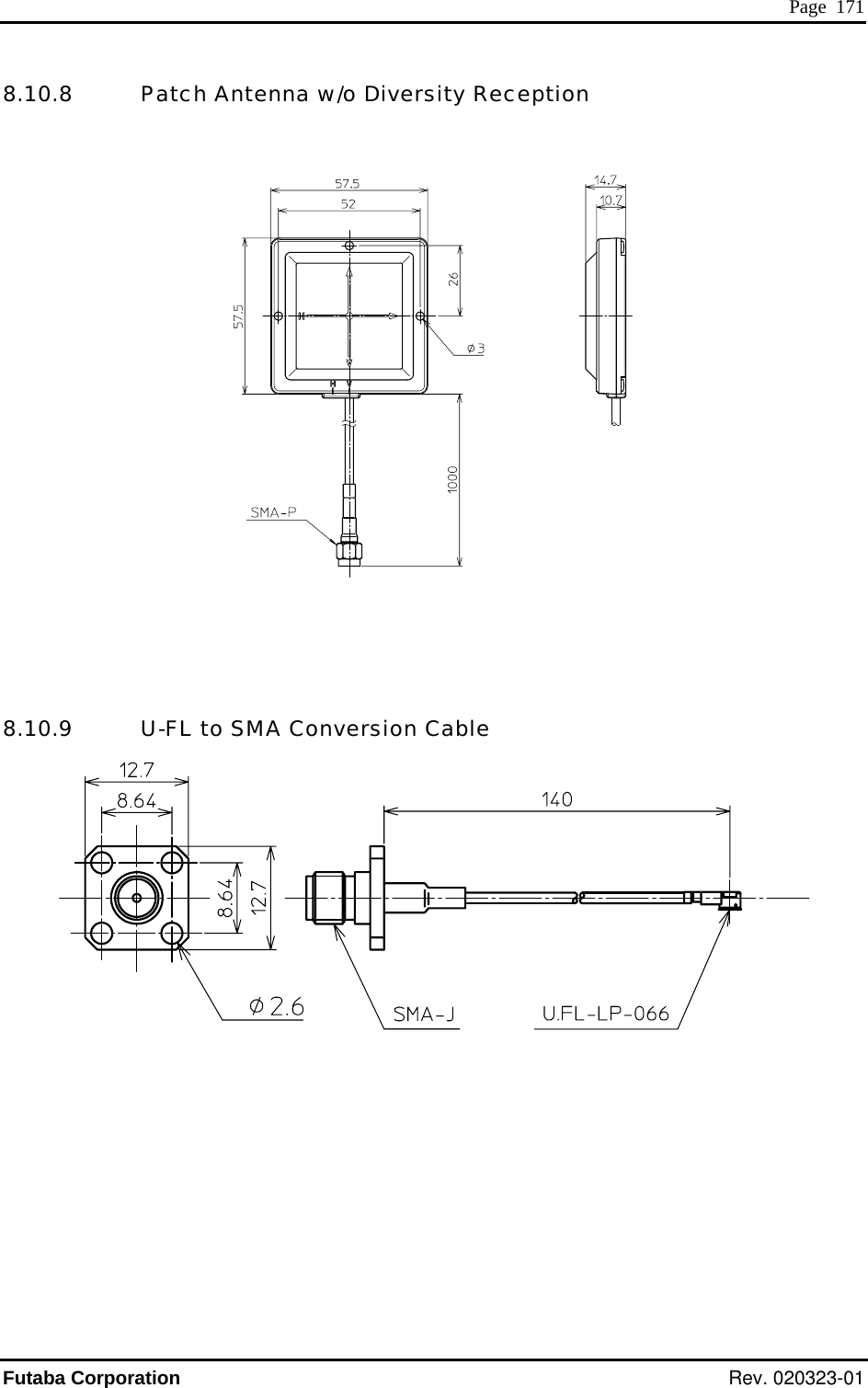  Page  171 8.10.8   Patch Antenna w/o Diversity Reception      .10.9   U-FL to SMA Conversion Cable 8  Futaba Corporation Rev. 020323-01 