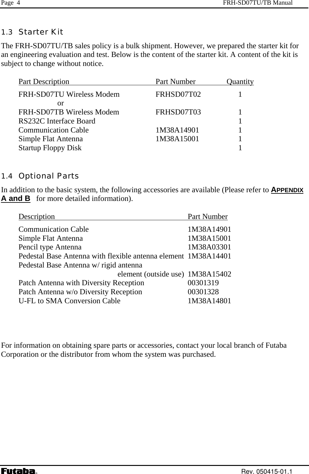 Page  4  FRH-SD07TU/TB Manual 1.3  Starter Kit The FRH-SD07TU/TB sales policy is a bulk shipment. However, we prepared the starter kit for an engineering evaluation and test. Below is the content of the starter kit. A content of the kit is subject to change without notice.   Part Description  Part Number  Quantity  FRH-SD07TU Wireless Modem   FRHSD07T02  1       or  FRH-SD07TB Wireless Modem   FRHSD07T03  1   RS232C Interface Board    1  Communication Cable  1M38A14901  1   Simple Flat Antenna  1M38A15001  1   Startup Floppy Disk    1  1.4  Optional Parts In addition to the basic system, the following accessories are available (Please refer to APPENDIX A and B   for more detailed information).   Description Part Number  Communication Cable   1M38A14901   Simple Flat Antenna  1M38A15001  Pencil type Antenna    1M38A03301   Pedestal Base Antenna with flexible antenna element  1M38A14401   Pedestal Base Antenna w/ rigid antenna    element (outside use)  1M38A15402   Patch Antenna with Diversity Reception  00301319   Patch Antenna w/o Diversity Reception  00301328   U-FL to SMA Conversion Cable    1M38A14801       For information on obtaining spare parts or accessories, contact your local branch of Futaba Corporation or the distributor from whom the system was purchased.   Rev. 050415-01.1 