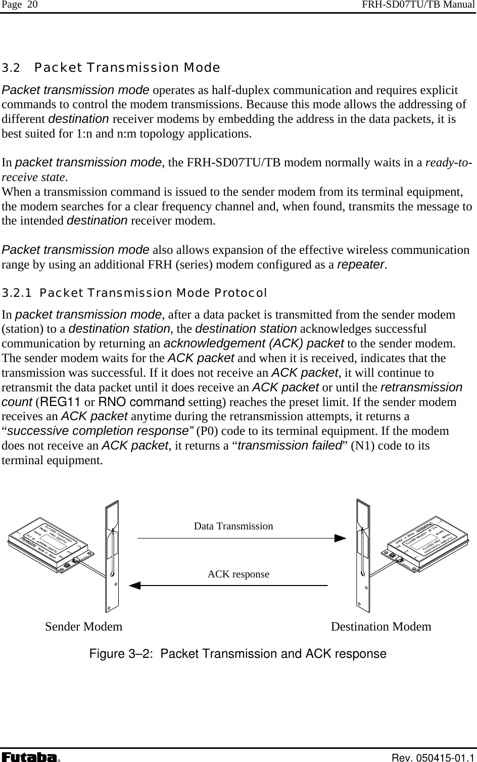 Page  20  FRH-SD07TU/TB Manual 3.2   Packet Transmission Mode Packet transmission mode operates as half-duplex communication and requires explicit commands to control the modem transmissions. Because this mode allows the addressing of different destination receiver modems by embedding the address in the data packets, it is best suited for 1:n and n:m topology applications.  In packet transmission mode, the FRH-SD07TU/TB modem normally waits in a ready-to-receive state. When a transmission command is issued to the sender modem from its terminal equipment, the modem searches for a clear frequency channel and, when found, transmits the message to the intended destination receiver modem.  Packet transmission mode also allows expansion of the effective wireless communication range by using an additional FRH (series) modem configured as a repeater. 3.2.1  Packet Transmission Mode Protocol In packet transmission mode, after a data packet is transmitted from the sender modem (station) to a destination station, the destination station acknowledges successful communication by returning an acknowledgement (ACK) packet to the sender modem. The sender modem waits for the ACK packet and when it is received, indicates that the transmission was successful. If it does not receive an ACK packet, it will continue to retransmit the data packet until it does receive an ACK packet or until the retransmission count (REG11 or RNO command setting) reaches the preset limit. If the sender modem receives an ACK packet anytime during the retransmission attempts, it returns a “successive completion response” (P0) code to its terminal equipment. If the modem does not receive an ACK packet, it returns a “transmission failed” (N1) code to its terminal equipment.                                                                          Sender Modem                                                                  Destination Modem Data Transmission ACK response Figure 3–2:  Packet Transmission and ACK response   Rev. 050415-01.1 