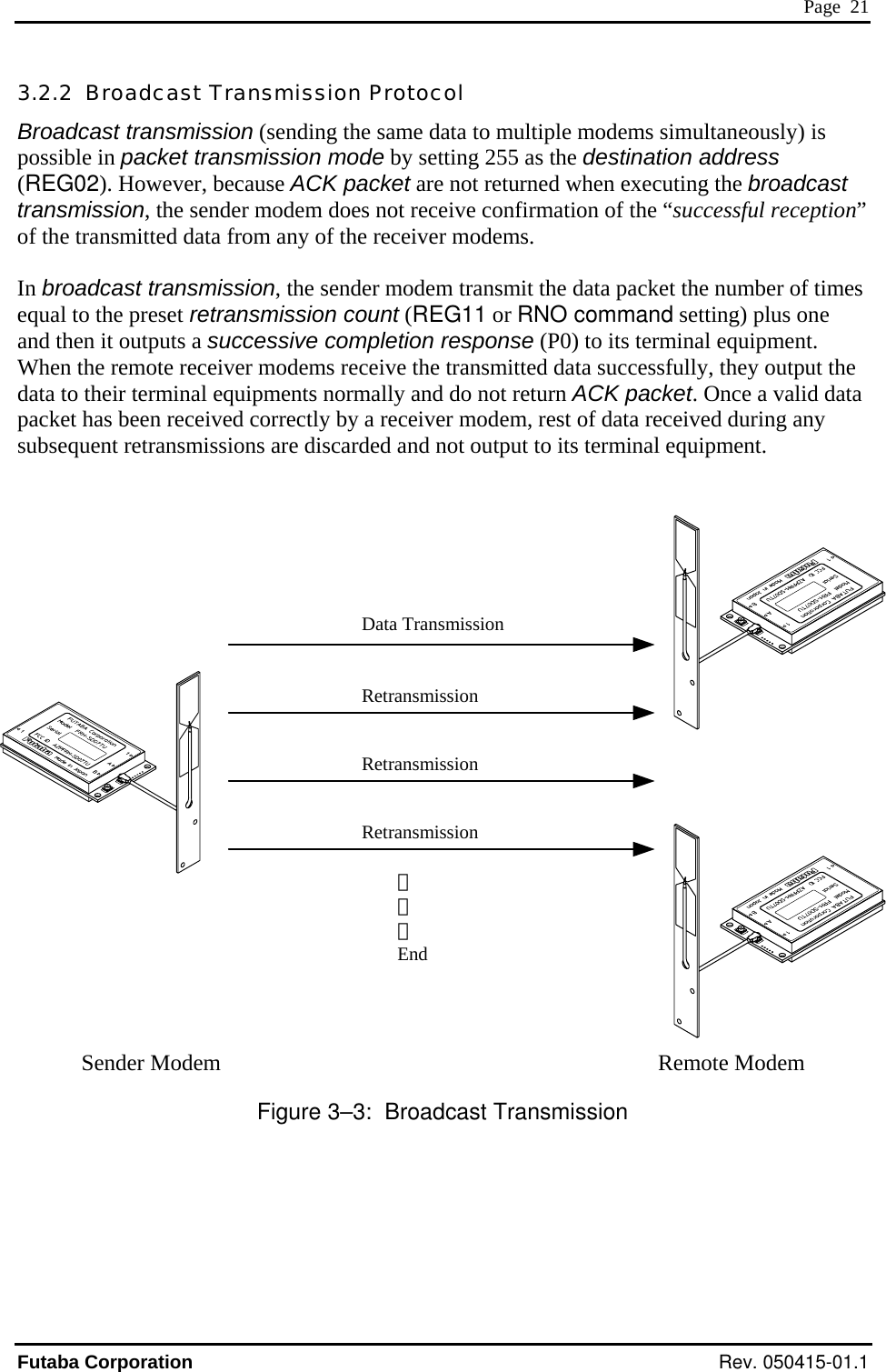  Page  21 3.2.2  Broadcast Transmission Protocol Broadcast transmission (sending the same data to multiple modems simultaneously) is possible in packet transmission mode by setting 255 as the destination address (REG02). However, because ACK packet are not returned when executing the broadcast transmission, the sender modem does not receive confirmation of the “successful reception” of the transmitted data from any of the receiver modems.  In broadcast transmission, the sender modem transmit the data packet the number of times equal to the preset retransmission count (REG11 or RNO command setting) plus one and then it outputs a successive completion response (P0) to its terminal equipment. When the remote receiver modems receive the transmitted data successfully, they output the data to their terminal equipments normally and do not return ACK packet. Once a valid data packet has been received correctly by a receiver modem, rest of data received during any subsequent retransmissions are discarded and not output to its terminal equipment.                                                                                  Sender Modem                                                                             Remote Modem Figure 3–3:  Broadcast Transmission Data Transmission RetransmissionRetransmissionRetransmission・ ・ ・ EndFutaba Corporation Rev. 050415-01.1 
