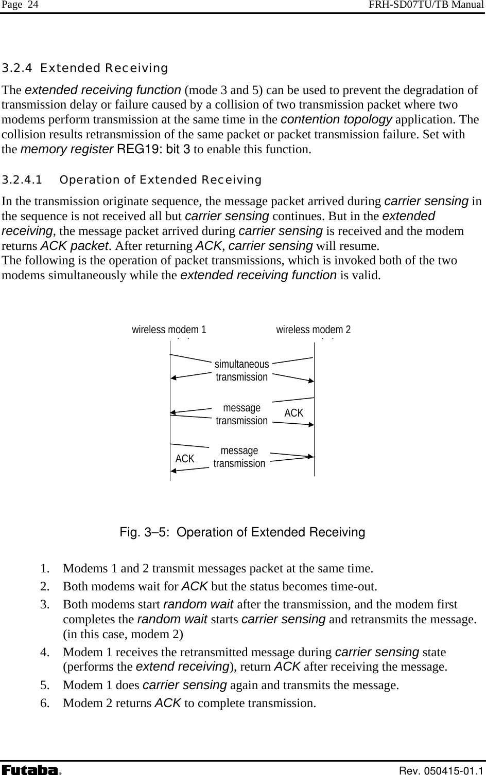 Page  24  FRH-SD07TU/TB Manual 3.2.4  Extended Receiving The extended receiving function (mode 3 and 5) can be used to prevent the degradation of  transmission delay or failure caused by a collision of two transmission packet where two modems perform transmission at the same time in the contention topology application. The collision results retransmission of the same packet or packet transmission failure. Set with the memory register REG19: bit 3 to enable this function. 3.2.4.1   Operation of Extended Receiving In the transmission originate sequence, the message packet arrived during carrier sensing in the sequence is not received all but carrier sensing continues. But in the extended receiving, the message packet arrived during carrier sensing is received and the modem returns ACK packet. After returning ACK, carrier sensing will resume. The following is the operation of packet transmissions, which is invoked both of the two modems simultaneously while the extended receiving function is valid.   message transmissionmessage transmissionsimultaneous transmissionwireless modem 2  il  wireless modem 1  il  ACKACK Fig. 3–5:  Operation of Extended Receiving 1.   Modems 1 and 2 transmit messages packet at the same time. 2.   Both modems wait for ACK but the status becomes time-out. 3.   Both modems start random wait after the transmission, and the modem first completes the random wait starts carrier sensing and retransmits the message. (in this case, modem 2) 4.   Modem 1 receives the retransmitted message during carrier sensing state (performs the extend receiving), return ACK after receiving the message. 5.   Modem 1 does carrier sensing again and transmits the message. 6.   Modem 2 returns ACK to complete transmission.  Rev. 050415-01.1 