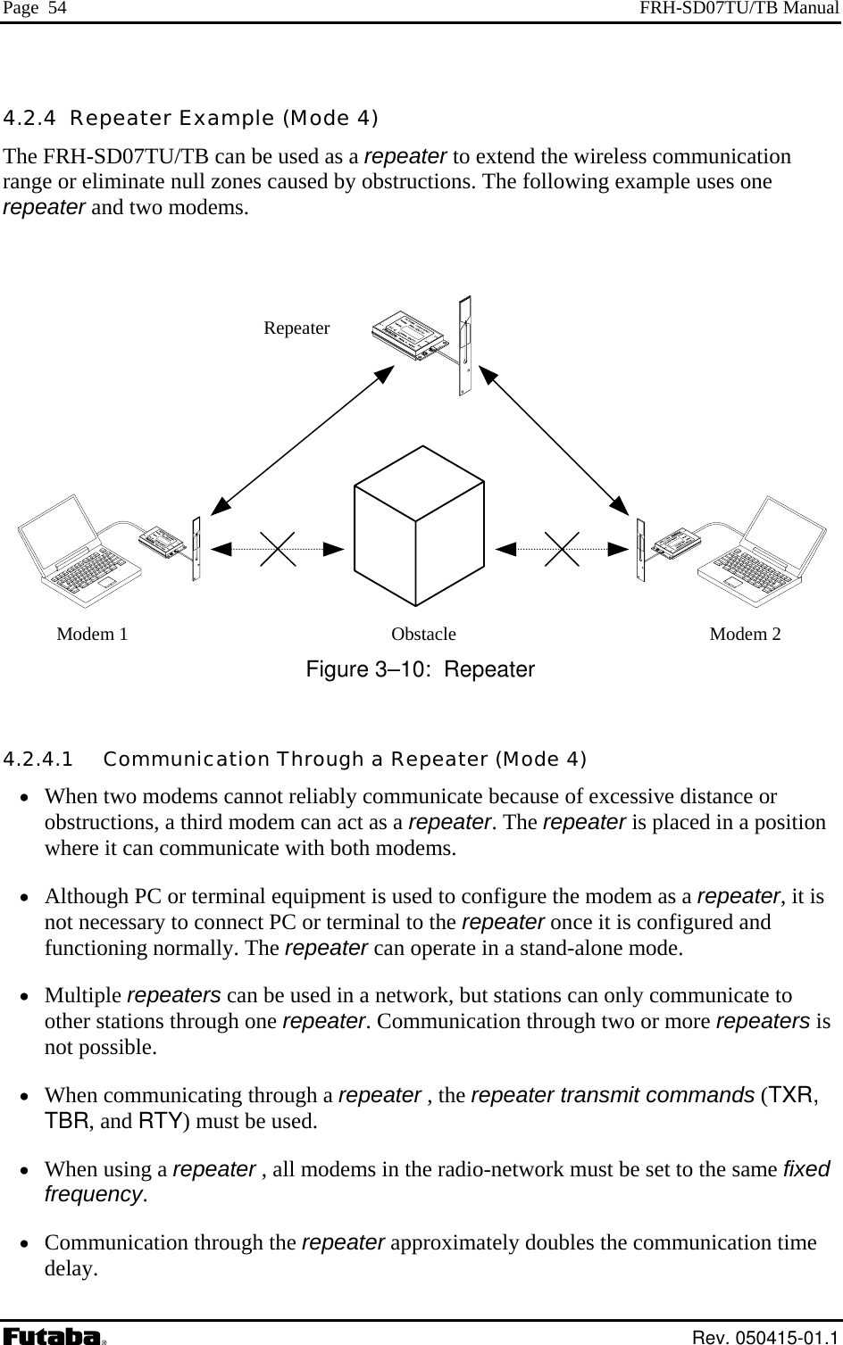 Page  54  FRH-SD07TU/TB Manual 4.2.4  Repeater Example (Mode 4) The FRH-SD07TU/TB can be used as a repeater to extend the wireless communication range or eliminate null zones caused by obstructions. The following example uses one repeater and two modems.                                                            •  Communication through the repeater approximately doubles the communication time delay.  Modem 1  Modem 2 Repeater ObstacleFigure 3–10:  Repeater 4.2.4.1   Communication Through a Repeater (Mode 4) •  When two modems cannot reliably communicate because of excessive distance or obstructions, a third modem can act as a repeater. The repeater is placed in a position where it can communicate with both modems. •  Although PC or terminal equipment is used to configure the modem as a repeater, it is not necessary to connect PC or terminal to the repeater once it is configured and functioning normally. The repeater can operate in a stand-alone mode. •  Multiple repeaters can be used in a network, but stations can only communicate to other stations through one repeater. Communication through two or more repeaters is not possible. •  When communicating through a repeater , the repeater transmit commands (TXR, TBR, and RTY) must be used. •  When using a repeater , all modems in the radio-network must be set to the same fixed frequency.  Rev. 050415-01.1 