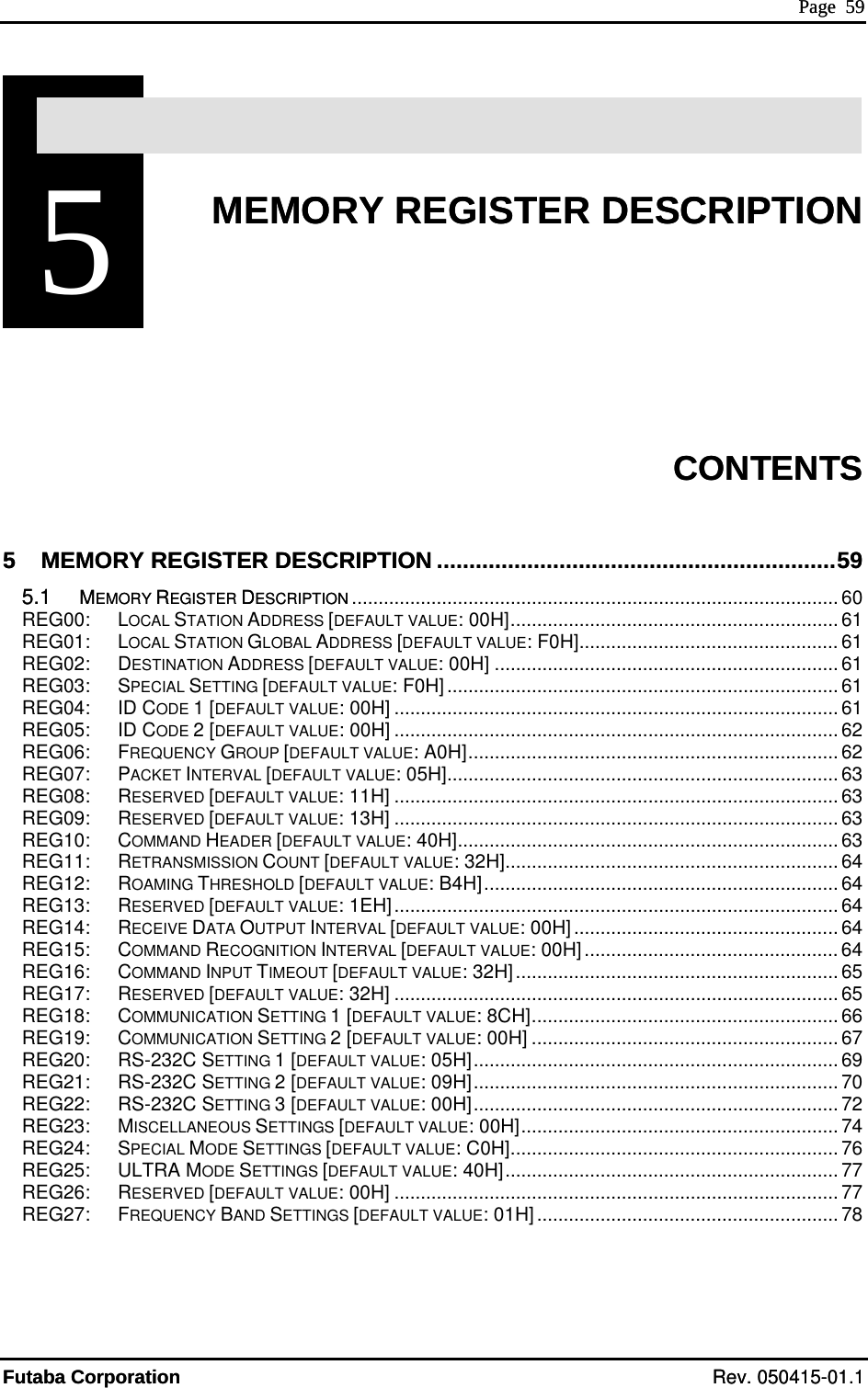  Page  59 5SECTIONSECTION   STER DESCRIPTION       CONTENTS  5 MEMORY REGISTER DESCRIPTION ..............................................................59 5.1 MEMORY REGISTER DESCRIPTION5  MEMORY REGI5  MEMORY REGI Page  59 Futaba Corporation Rev. 050415-01.1 5  STER DESCRIPTION       CONTENTS  5 MEMORY REGISTER DESCRIPTION ..............................................................59 5.1 MEMORY REGISTER DESCRIPTION ............................................................................................ 60 REG00: LOCAL S [DEFAUL 61 REG01: LOCAL SDDRESS   V ............... ....................... 61 REG02: DESTINATION ADDRESS [DEFAULT VALU ................................................................. 61 REG03: SPECIAL SETTING [DEFAULT VALUE: F0H].......................................................................... 61 REG04: ID CODE ............................. 61 REG05: ID CODE 62 REG06: FREQUENCY GROUP [DEFAULT VALUE: A0H]...................................................................... 62 REG07: PACKET INTERVAL [DEFAULT VALUE: 05H].......................................................................... 63 REG08: RESERVED [DEFAULT VALUE: 11H] .................................................................................... 63 REG09: RESERVED [DEFAULT VALUE: 13H] .................................................................................... 63 REG10: COMMAND HEADER [DEFAULT VALUE: 40H]........................................................................ 63 REG11: RETRANSMISSION COUNT [DEFAULT VALUE: 32H]............................................................... 64 REG12: ROAMING THRESHOLD [DEFAULT VALUE: B4H]................................................................... 64 REG13: RESERVED [DEFAULT VALUE: 1EH].................................................................................... 64 REG14: RECEIVE DATA OUTPUT INTERVAL [DEFAULT VALUE: 00H].................................................. 64 REG15: COMMAND RECOGNITION INTERVAL [DEFAULT VALUE: 00H]................................................ 64 REG16: COMMAND INPUT TIMEOUT [DEFAULT VALUE: 32H]............................................................. 65 REG17: RESERVED [DEFAULT VALUE: 32H] .................................................................................... 65 REG18: COMMUNICATION SETTING 1 [DEFAULT VALUE: 8CH].......................................................... 66 REG19: COMMUNICATION SETTING 2 [DEFAULT VALUE: 00H] .......................................................... 67 REG20: RS-232C SETTING 1 [DEFAULT VALUE: 05H]..................................................................... 69 REG21: RS-232C SETTING 2 [DEFAULT VALUE: 09H]..................................................................... 70 REG22: RS-232C SETTING 3 [DEFAULT VALUE: 00H]..................................................................... 72 REG23: MISCELLANEOUS SETTINGS [DEFAULT VALUE: 00H]............................................................ 74 REG24: SPECIAL MODE SETTINGS [DEFAULT VALUE: C0H].............................................................. 76 REG25: ULTRA MODE SETTINGS [DEFAULT VALUE: 40H]............................................................... 77 REG26: RESERVED [DEFAULT VALUE: 00H] .................................................................................... 77 REG27: FREQUENCY BAND SETTINGS [DEFAULT VALUE: 01H]......................................................... 78   TATION ADDRESS T VALUE: 00H]..............................................................TATION GLOBAL A [DEFAULT ALUE: F0H]........ ...E: 00H] 1 [DEFAULT VALUE: 00H] ....................................................... 2 [DEFAULT VALUE: 00H] ....................................................................................Futaba Corporation Rev. 050415-01.1 