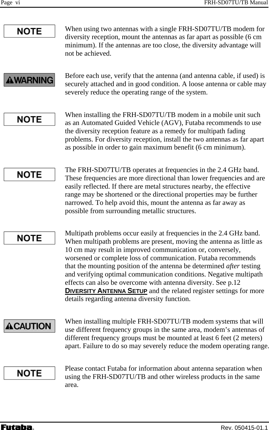 Page  vi  FRH-SD07TU/TB Manual When using two antennas with a single FRH-SD07TU/TB modem for diversity reception, mount the antennas as far apart as possible (6 cm minimum). If the antennas are too close, the diversity advantage will not be achieved. Before each use, verify that the antenna (and antenna cable, if used) is securely attached and in good condition. A loose antenna or cable may severely reduce the operating range of the system. When installing the FRH-SD07TU/TB modem in a mobile unit such as an Automated Guided Vehicle (AGV), Futaba recommends to use the diversity reception feature as a remedy for multipath fading problems. For diversity reception, install the two antennas as far apart as possible in order to gain maximum benefit (6 cm minimum). The FRH-SD07TU/TB operates at frequencies in the 2.4 GHz band. These frequencies are more directional than lower frequencies and are easily reflected. If there are metal structures nearby, the effective range may be shortened or the directional properties may be further narrowed. To help avoid this, mount the antenna as far away as possible from surrounding metallic structures. Multipath problems occur easily at frequencies in the 2.4 GHz band. When multipath problems are present, moving the antenna as little as 10 cm may result in improved communication or, conversely, worsened or complete loss of communication. Futaba recommends that the mounting position of the antenna be determined after testing and verifying optimal communication conditions. Negative multipath effects can also be overcome with antenna diversity. See p.12 DIVERSITY ANTENNA SETUP and the related register settings for more details regarding antenna diversity function. When installing multiple FRH-SD07TU/TB modem systems that will use different frequency groups in the same area, modem’s antennas of different frequency groups must be mounted at least 6 feet (2 meters) apart. Failure to do so may severely reduce the modem operating range. Please contact Futaba for information about antenna separation when using the FRH-SD07TU/TB and other wireless products in the same area.  Rev. 050415-01.1 