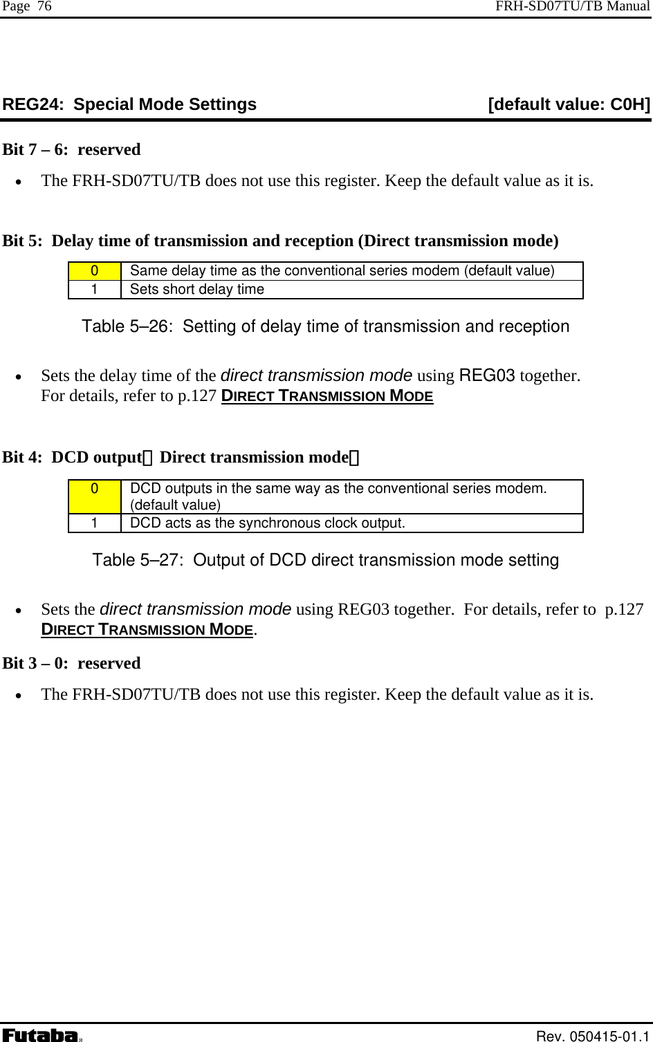 Page  76  FRH-SD07TU/TB Manual REG24:  Sp ia [default value: C0H] ec l Mode Settings Bit 7 – 6:  reserved •  The FRH-SD07TU/TB does not use this regiBit 5:  Delay time of transmission and reception (Direct transmission mode) ster. Keep the default value as it is.  0   Same delay time as the conventional series modem (default value) 1   Sets short delay time Table 5–26:  Setting of delay time of transmission and reception  • ils, refer to p.127 Sets the delay time of the direct transmission mode using REG03 together. For deta DIRECT TRANSMISSION MODE ）  Bit 4:  DCD output（Direct transmission mode0   DCD outputs in the same way as the conventional series modem. (default value) 1   DCD acts as the synchronous clock output. Tabl ing p.127 e 5–27:  Output of DCD direct transmission mode sett•  Sets the direct transmission mode using REG03 together.  For details, refer to  DIRECT TRANSMISSION MODE. B 3• it   – 0:  reserved The FRH-SD07TU/TB does not use this register. Keep the default value as it is.  Rev. 050415-01.1 