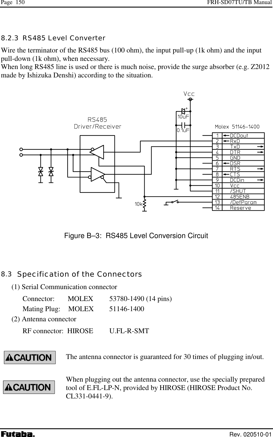 Page  150  FRH-SD07TU/TB Manual  Rev. 020510-01 8.2.3  RS485 Level Converter Wire the terminator of the RS485 bus (100 ohm), the input pull-up (1k ohm) and the input pull-down (1k ohm), when necessary. When long RS485 line is used or there is much noise, provide the surge absorber (e.g. Z2012 made by Ishizuka Denshi) according to the situation.    Figure B–3:  RS485 Level Conversion Circuit  8.3  Specification of the Connectors (1) Serial Communication connector Connector:     MOLEX   53780-1490 (14 pins) Mating Plug:    MOLEX   51146-1400 (2) Antenna connector RF connector:  HIROSE  U.FL-R-SMT  The antenna connector is guaranteed for 30 times of plugging in/out. When plugging out the antenna connector, use the specially prepared tool of E.FL-LP-N, provided by HIROSE (HIROSE Product No. CL331-0441-9).   