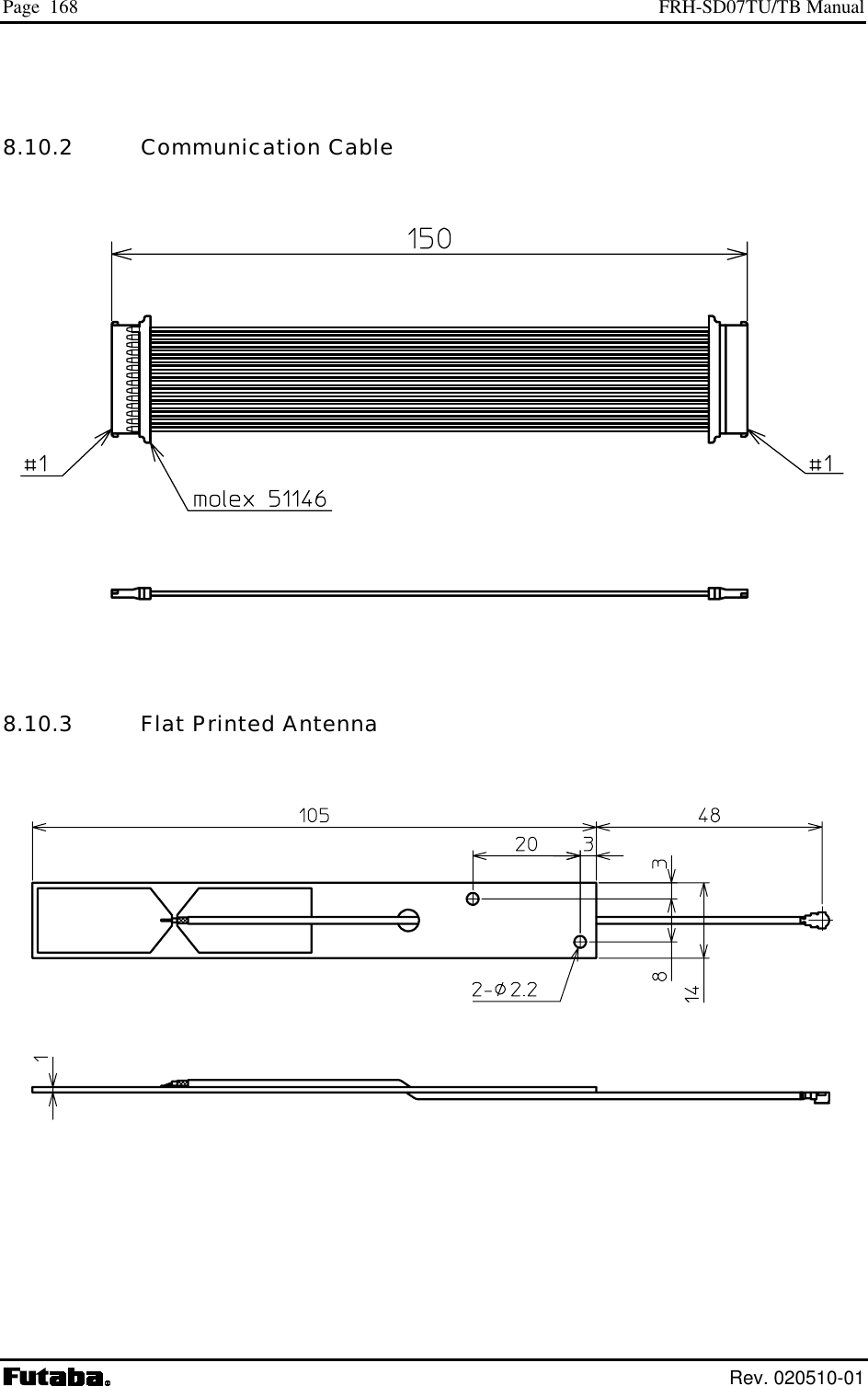 Page  168  FRH-SD07TU/TB Manual  Rev. 020510-01  8.10.2   Communication Cable     8.10.3   Flat Printed Antenna       