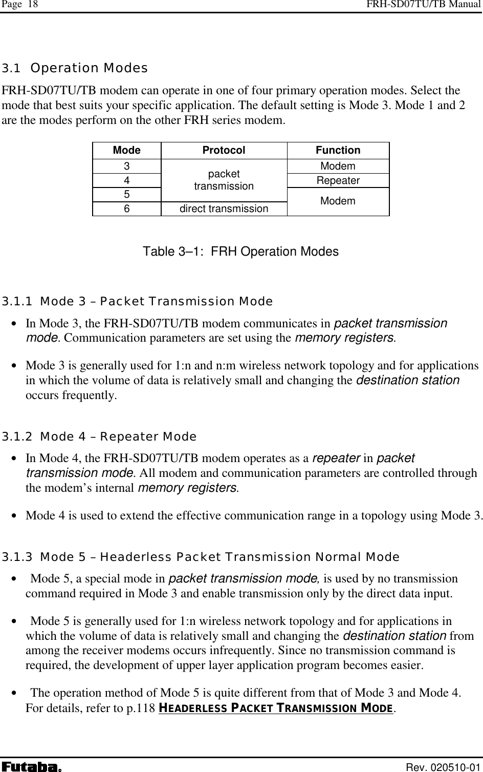 Page  18  FRH-SD07TU/TB Manual  Rev. 020510-01 3.1  Operation Modes FRH-SD07TU/TB modem can operate in one of four primary operation modes. Select the mode that best suits your specific application. The default setting is Mode 3. Mode 1 and 2 are the modes perform on the other FRH series modem.  Mode Protocol  Function 3 Modem 4 Repeater 5 packet transmission 6 direct transmission  Modem  Table 3–1:  FRH Operation Modes 3.1.1  Mode 3 – Packet Transmission Mode •  In Mode 3, the FRH-SD07TU/TB modem communicates in packet transmission mode. Communication parameters are set using the memory registers. •  Mode 3 is generally used for 1:n and n:m wireless network topology and for applications in which the volume of data is relatively small and changing the destination station occurs frequently. 3.1.2  Mode 4 – Repeater Mode •  In Mode 4, the FRH-SD07TU/TB modem operates as a repeater in packet transmission mode. All modem and communication parameters are controlled through the modem’s internal memory registers. •  Mode 4 is used to extend the effective communication range in a topology using Mode 3. 3.1.3  Mode 5 – Headerless Packet Transmission Normal Mode •  Mode 5, a special mode in packet transmission mode, is used by no transmission command required in Mode 3 and enable transmission only by the direct data input. •  Mode 5 is generally used for 1:n wireless network topology and for applications in which the volume of data is relatively small and changing the destination station from among the receiver modems occurs infrequently. Since no transmission command is required, the development of upper layer application program becomes easier. •  The operation method of Mode 5 is quite different from that of Mode 3 and Mode 4. For details, refer to p.118 HEADERLESS PACKET TRANSMISSION MODE. 