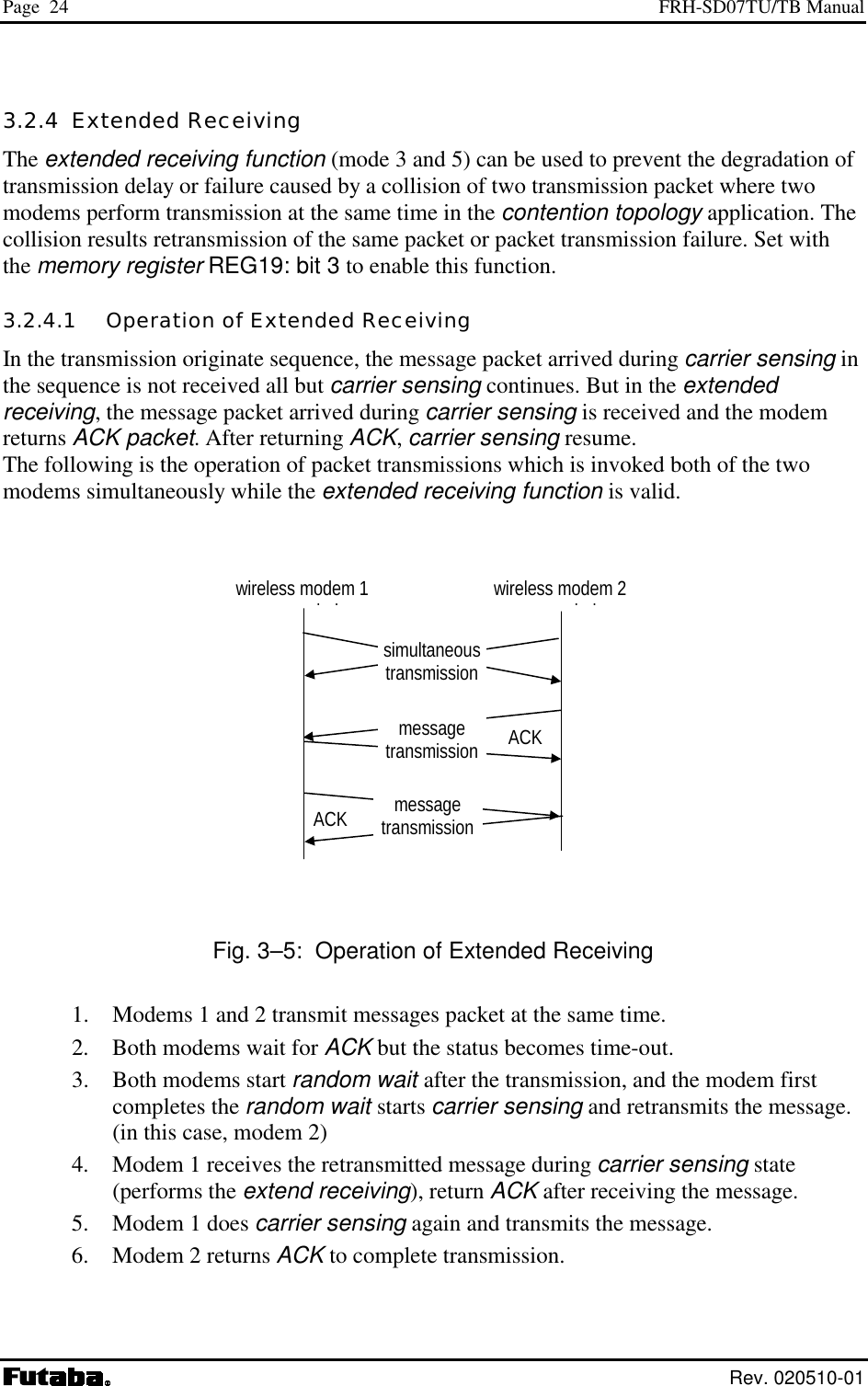 Page  24  FRH-SD07TU/TB Manual  Rev. 020510-01 3.2.4  Extended Receiving The extended receiving function (mode 3 and 5) can be used to prevent the degradation of  transmission delay or failure caused by a collision of two transmission packet where two modems perform transmission at the same time in the contention topology application. The collision results retransmission of the same packet or packet transmission failure. Set with the memory register REG19: bit 3 to enable this function. 3.2.4.1   Operation of Extended Receiving In the transmission originate sequence, the message packet arrived during carrier sensing in the sequence is not received all but carrier sensing continues. But in the extended receiving, the message packet arrived during carrier sensing is received and the modem returns ACK packet. After returning ACK, carrier sensing resume. The following is the operation of packet transmissions which is invoked both of the two modems simultaneously while the extended receiving function is valid.  Fig. 3–5:  Operation of Extended Receiving 1.   Modems 1 and 2 transmit messages packet at the same time. 2.   Both modems wait for ACK but the status becomes time-out. 3.   Both modems start random wait after the transmission, and the modem first completes the random wait starts carrier sensing and retransmits the message. (in this case, modem 2) 4.   Modem 1 receives the retransmitted message during carrier sensing state (performs the extend receiving), return ACK after receiving the message. 5.   Modem 1 does carrier sensing again and transmits the message. 6.   Modem 2 returns ACK to complete transmission.  message transmissionmessage transmissionsimultaneous transmissionwireless modem 2 ilwireless modem 1 ilACK ACK  
