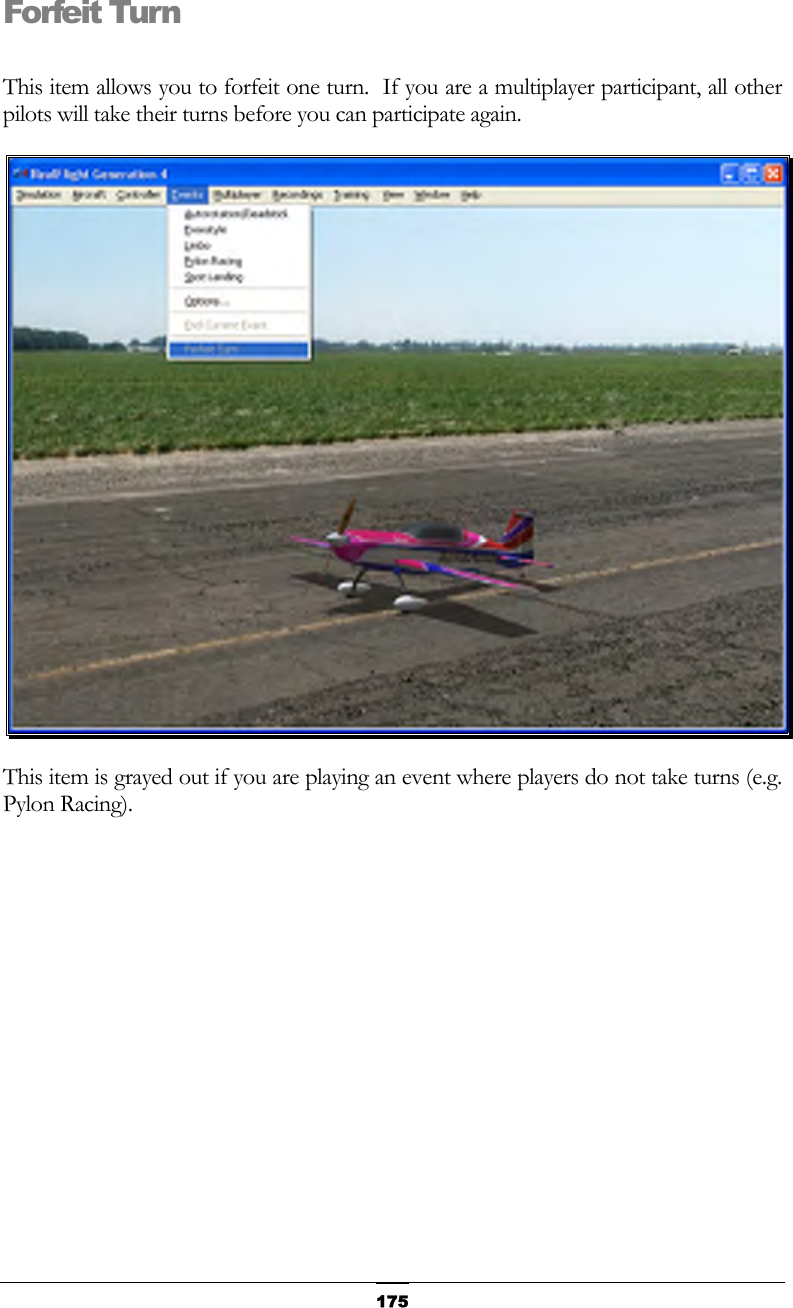   175Forfeit Turn  This item allows you to forfeit one turn.  If you are a multiplayer participant, all other pilots will take their turns before you can participate again.  This item is grayed out if you are playing an event where players do not take turns (e.g. Pylon Racing). 