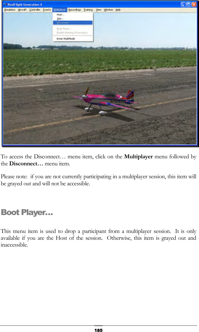   185 To access the Disconnect… menu item, click on the Multiplayer menu followed by the Disconnect… menu item. Please note:  if you are not currently participating in a multiplayer session, this item will be grayed out and will not be accessible.  Boot Player…  This menu item is used to drop a participant from a multiplayer session.  It is only available if you are the Host of the session.  Otherwise, this item is grayed out and inaccessible. 