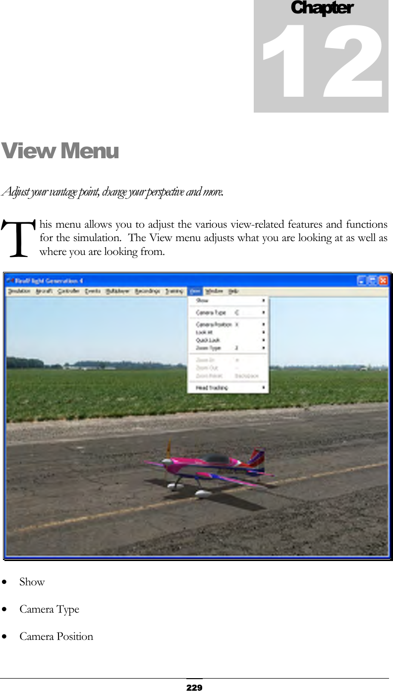   229View Menu Adjust your vantage point, change your perspective and more. his menu allows you to adjust the various view-related features and functions for the simulation.  The View menu adjusts what you are looking at as well as where you are looking from.  •  Show •  Camera Type •  Camera Position Chapter12T 
