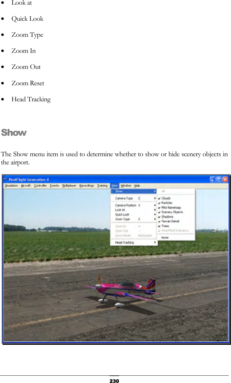   230•  Look at •  Quick Look •  Zoom Type •  Zoom In •  Zoom Out •  Zoom Reset •  Head Tracking  Show  The Show menu item is used to determine whether to show or hide scenery objects in the airport.  