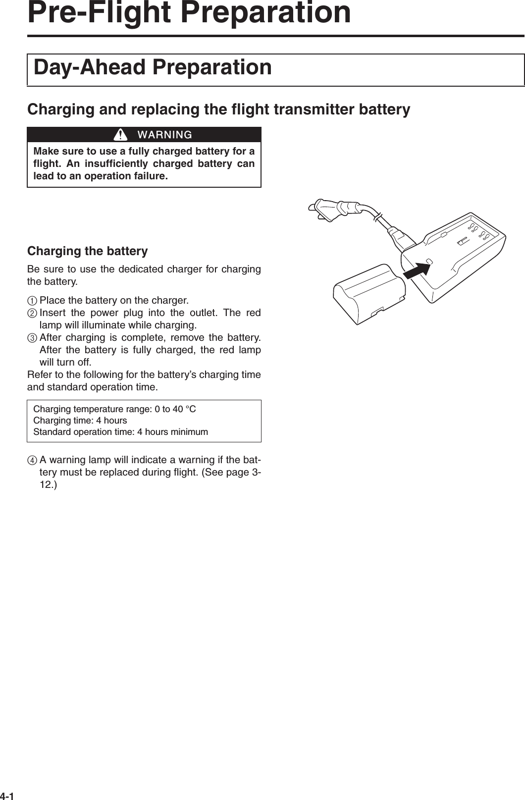 4-1Pre-Flight PreparationCharging and replacing the flight transmitter batteryCharging the batteryBe sure to use the dedicated charger for chargingthe battery.1Place the battery on the charger.2Insert the power plug into the outlet. The redlamp will illuminate while charging.3After charging is complete, remove the battery.After the battery is fully charged, the red lampwill turn off.Refer to the following for the battery’s charging timeand standard operation time.4A warning lamp will indicate a warning if the bat-tery must be replaced during flight. (See page 3-12.)Day-Ahead PreparationMake sure to use a fully charged battery for aflight. An insufficiently charged battery canlead to an operation failure.Charging temperature range: 0 to 40 °CCharging time: 4 hoursStandard operation time: 4 hours minimumWWARNING