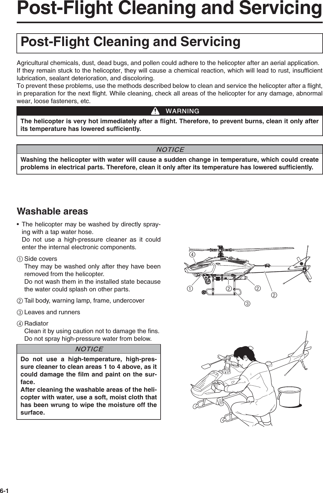 6-1Post-Flight Cleaning and ServicingAgricultural chemicals, dust, dead bugs, and pollen could adhere to the helicopter after an aerial application.If they remain stuck to the helicopter, they will cause a chemical reaction, which will lead to rust, insufficientlubrication, sealant deterioration, and discoloring.To prevent these problems, use the methods described below to clean and service the helicopter after a flight,in preparation for the next flight. While cleaning, check all areas of the helicopter for any damage, abnormalwear, loose fasteners, etc.Washable areas• The helicopter may be washed by directly spray-ing with a tap water hose.Do not use a high-pressure cleaner as it couldenter the internal electronic components.1Side coversThey may be washed only after they have beenremoved from the helicopter. Do not wash them in the installed state becausethe water could splash on other parts.2Tail body, warning lamp, frame, undercover3Leaves and runners4RadiatorClean it by using caution not to damage the fins.Do not spray high-pressure water from below.Post-Flight Cleaning and ServicingThe helicopter is very hot immediately after a flight. Therefore, to prevent burns, clean it only afterits temperature has lowered sufficiently.Washing the helicopter with water will cause a sudden change in temperature, which could createproblems in electrical parts. Therefore, clean it only after its temperature has lowered sufficiently.WWARNINGNNOTICEDo not use a high-temperature, high-pres-sure cleaner to clean areas 1 to 4 above, as itcould damage the film and paint on the sur-face.After cleaning the washable areas of the heli-copter with water, use a soft, moist cloth thathas been wrung to wipe the moisture off thesurface.NNOTICE324221