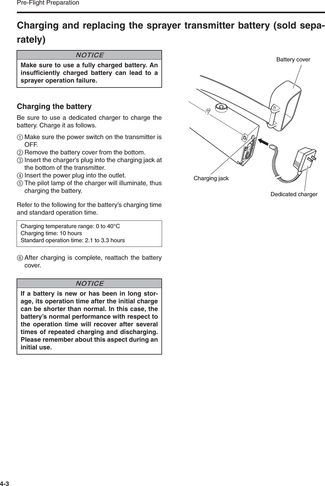 Pre-Flight Preparation4-3Charging and replacing the sprayer transmitter battery (sold sepa-rately)Charging the batteryBe sure to use a dedicated charger to charge thebattery. Charge it as follows.1Make sure the power switch on the transmitter isOFF.2Remove the battery cover from the bottom.3Insert the charger’s plug into the charging jack atthe bottom of the transmitter.4Insert the power plug into the outlet.5The pilot lamp of the charger will illuminate, thuscharging the battery.Refer to the following for the battery’s charging timeand standard operation time.6After charging is complete, reattach the batterycover.Make sure to use a fully charged battery. Aninsufficiently charged battery can lead to asprayer operation failure.Charging temperature range: 0 to 40°CCharging time: 10 hoursStandard operation time: 2.1 to 3.3 hoursIf a battery is new or has been in long stor-age, its operation time after the initial chargecan be shorter than normal. In this case, thebattery’s normal performance with respect tothe operation time will recover after severaltimes of repeated charging and discharging.Please remember about this aspect during aninitial use.NNOTICENNOTICECharging jackDedicated chargerBattery cover