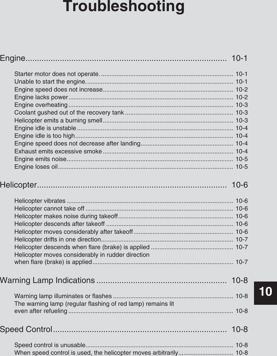 TroubleshootingEngine........................................................................................  10-1Starter motor does not operate. ............................................................................. 10-1Unable to start the engine...................................................................................... 10-1Engine speed does not increase............................................................................ 10-2Engine lacks power................................................................................................ 10-2Engine overheating ................................................................................................ 10-3Coolant gushed out of the recovery tank ............................................................... 10-3Helicopter emits a burning smell............................................................................ 10-3Engine idle is unstable ........................................................................................... 10-4Engine idle is too high............................................................................................ 10-4Engine speed does not decrease after landing...................................................... 10-4Exhaust emits excessive smoke ............................................................................ 10-4Engine emits noise................................................................................................. 10-5Engine loses oil...................................................................................................... 10-5Helicopter...................................................................................  10-6Helicopter vibrates ................................................................................................. 10-6Helicopter cannot take off ...................................................................................... 10-6Helicopter makes noise during takeoff................................................................... 10-6Helicopter descends after takeoff .......................................................................... 10-6Helicopter moves considerably after takeoff .......................................................... 10-6Helicopter drifts in one direction............................................................................. 10-7Helicopter descends when flare (brake) is applied ................................................ 10-7Helicopter moves considerably in rudder direction when flare (brake) is applied.................................................................................. 10-7Warning Lamp Indications .........................................................  10-8Warning lamp illuminates or flashes ...................................................................... 10-8The warning lamp (regular flashing of red lamp) remains lit even after refueling ................................................................................................ 10-8Speed Control............................................................................  10-8Speed control is unusable...................................................................................... 10-8When speed control is used, the helicopter moves arbitrarily................................ 10-810