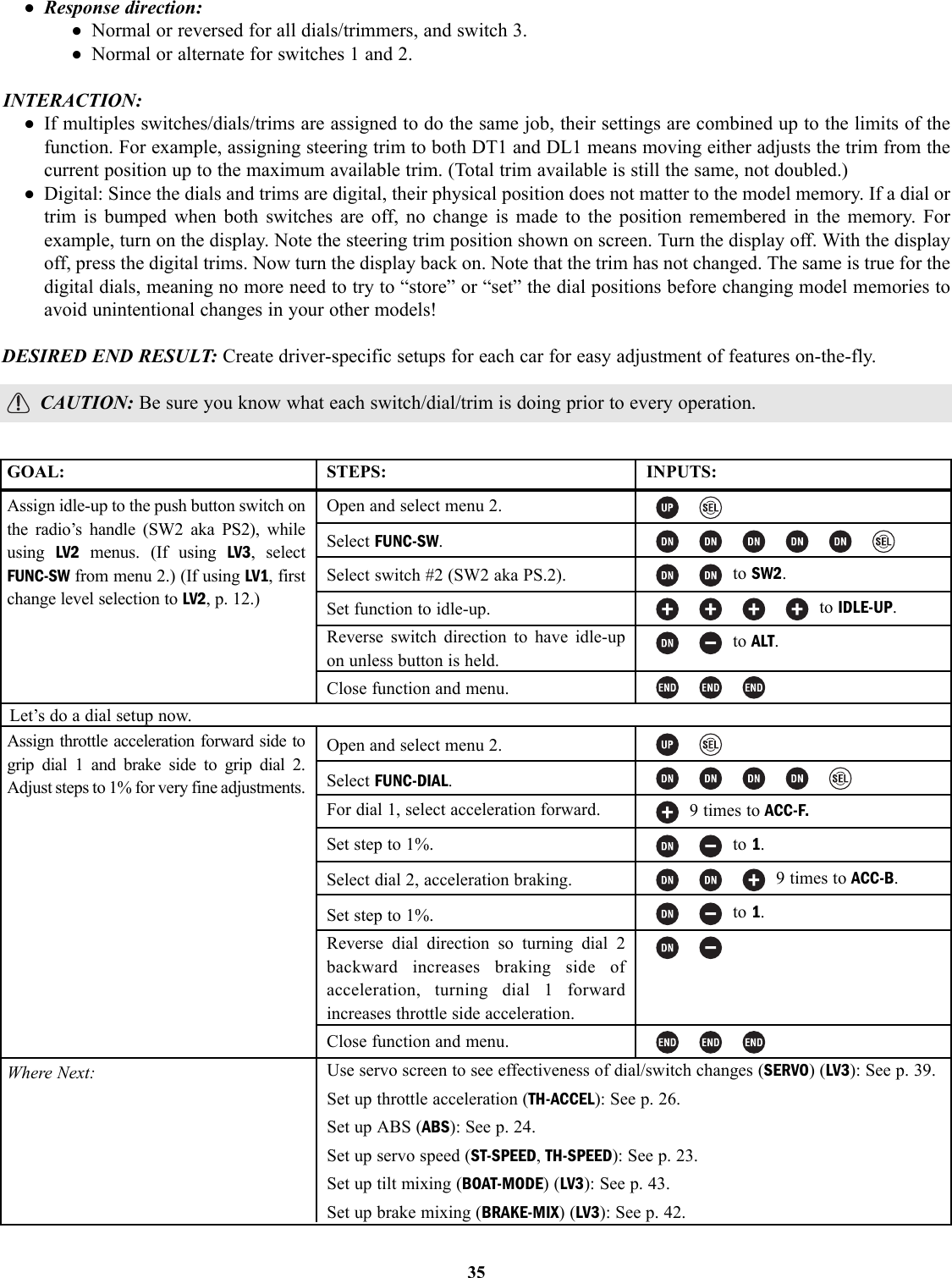 • Response direction:• Normal or reversed for all dials/trimmers, and switch 3.• Normal or alternate for switches 1 and 2.INTERACTION:• If multiples switches/dials/trims are assigned to do the same job, their settings are combined up to the limits of thefunction. For example, assigning steering trim to both DT1 and DL1 means moving either adjusts the trim from thecurrent position up to the maximum available trim. (Total trim available is still the same, not doubled.)• Digital: Since the dials and trims are digital, their physical position does not matter to the model memory. If a dial ortrim is bumped when both switches are off, no change is made to the position remembered in the memory. Forexample, turn on the display. Note the steering trim position shown on screen. Turn the display off. With the displayoff, press the digital trims. Now turn the display back on. Note that the trim has not changed. The same is true for thedigital dials, meaning no more need to try to “store” or “set” the dial positions before changing model memories toavoid unintentional changes in your other models!DESIRED END RESULT: Create driver-specific setups for each car for easy adjustment of features on-the-fly.CAUTION: Be sure you know what each switch/dial/trim is doing prior to every operation.35GOAL:Assign idle-up to the push button switch onthe radio’s handle (SW2 aka PS2), whileusing  LV2 menus. (If using LV3, selectFUNC-SW from menu 2.) (If using LV1, firstchange level selection to LV2, p. 12.)Assign throttle acceleration forward side togrip dial 1 and brake side to grip dial 2.Adjust steps to 1% for very fine adjustments.Where Next:STEPS:Open and select menu 2.Select FUNC-SW.Select switch #2 (SW2 aka PS.2).Set function to idle-up.Reverse switch direction to have idle-upon unless button is held.Close function and menu.Open and select menu 2.Select FUNC-DIAL.For dial 1, select acceleration forward.Set step to 1%.Select dial 2, acceleration braking.Set step to 1%.Reverse dial direction so turning dial 2backward increases braking side ofacceleration, turning dial 1 forwardincreases throttle side acceleration.Close function and menu.INPUTS:to SW2.to IDLE-UP.to ALT.9 times to ACC-F.to 1.9 times to ACC-B.to 1.Use servo screen to see effectiveness of dial/switch changes (SERVO) (LV3): See p. 39.Set up throttle acceleration (TH-ACCEL): See p. 26.Set up ABS (ABS): See p. 24.Set up servo speed (ST-SPEED, TH-SPEED): See p. 23.Set up tilt mixing (BOAT-MODE) (LV3): See p. 43.Set up brake mixing (BRAKE-MIX) (LV3): See p. 42.Let’s do a dial setup now.