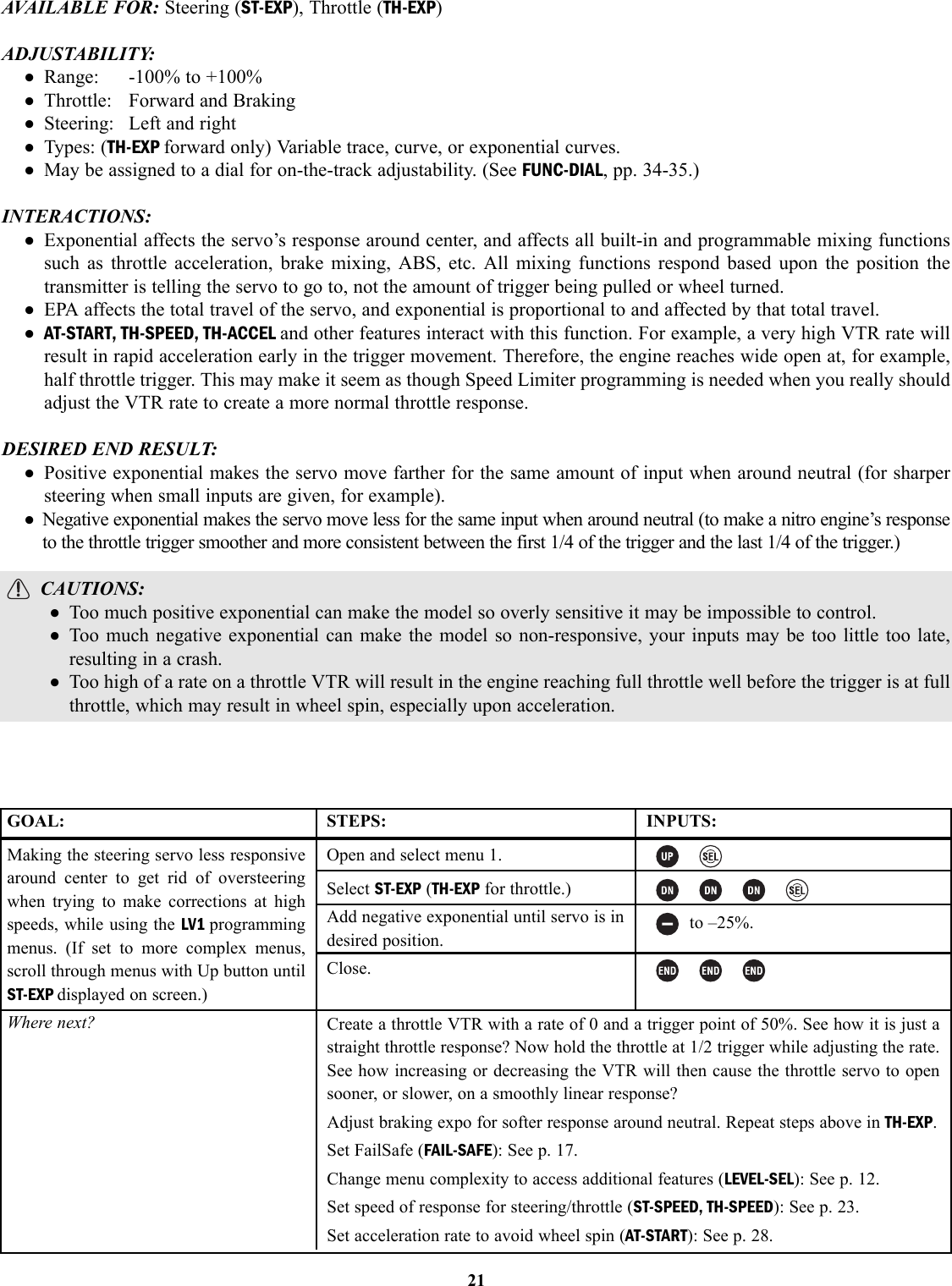 AVAILABLE FOR: Steering (ST-EXP), Throttle (TH-EXP)ADJUSTABILITY:• Range: -100% to +100%• Throttle: Forward and Braking• Steering: Left and right• Types: (TH-EXP forward only) Variable trace, curve, or exponential curves.• May be assigned to a dial for on-the-track adjustability. (See FUNC-DIAL, pp. 34-35.)INTERACTIONS:• Exponential affects the servo’s response around center, and affects all built-in and programmable mixing functionssuch as throttle acceleration, brake mixing, ABS, etc. All mixing functions respond based upon the position thetransmitter is telling the servo to go to, not the amount of trigger being pulled or wheel turned.• EPA affects the total travel of the servo, and exponential is proportional to and affected by that total travel.• AT-START, TH-SPEED, TH-ACCEL and other features interact with this function. For example, a very high VTR rate willresult in rapid acceleration early in the trigger movement. Therefore, the engine reaches wide open at, for example,half throttle trigger. This may make it seem as though Speed Limiter programming is needed when you really shouldadjust the VTR rate to create a more normal throttle response.DESIRED END RESULT:• Positive exponential makes the servo move farther for the same amount of input when around neutral (for sharpersteering when small inputs are given, for example).• Negative exponential makes the servo move less for the same input when around neutral (to make a nitro engine’s responseto the throttle trigger smoother and more consistent between the first 1/4 of the trigger and the last 1/4 of the trigger.)CAUTIONS:• Too much positive exponential can make the model so overly sensitive it may be impossible to control.• Too much negative exponential can make the model so non-responsive, your inputs may be too little too late,resulting in a crash.• Too high of a rate on a throttle VTR will result in the engine reaching full throttle well before the trigger is at fullthrottle, which may result in wheel spin, especially upon acceleration.21GOAL:Making the steering servo less responsivearound center to get rid of oversteeringwhen trying to make corrections at highspeeds, while using the LV1 programmingmenus. (If set to more complex menus,scroll through menus with Up button untilST-EXP displayed on screen.)Where next?STEPS:Open and select menu 1.Select ST-EXP (TH-EXP for throttle.)Add negative exponential until servo is indesired position.Close.INPUTS:to –25%.Create a throttle VTR with a rate of 0 and a trigger point of 50%. See how it is just astraight throttle response? Now hold the throttle at 1/2 trigger while adjusting the rate.See how increasing or decreasing the VTR will then cause the throttle servo to opensooner, or slower, on a smoothly linear response?Adjust braking expo for softer response around neutral. Repeat steps above in TH-EXP.Set FailSafe (FAIL-SAFE): See p. 17.Change menu complexity to access additional features (LEVEL-SEL): See p. 12.Set speed of response for steering/throttle (ST-SPEED, TH-SPEED): See p. 23.Set acceleration rate to avoid wheel spin (AT-START): See p. 28.