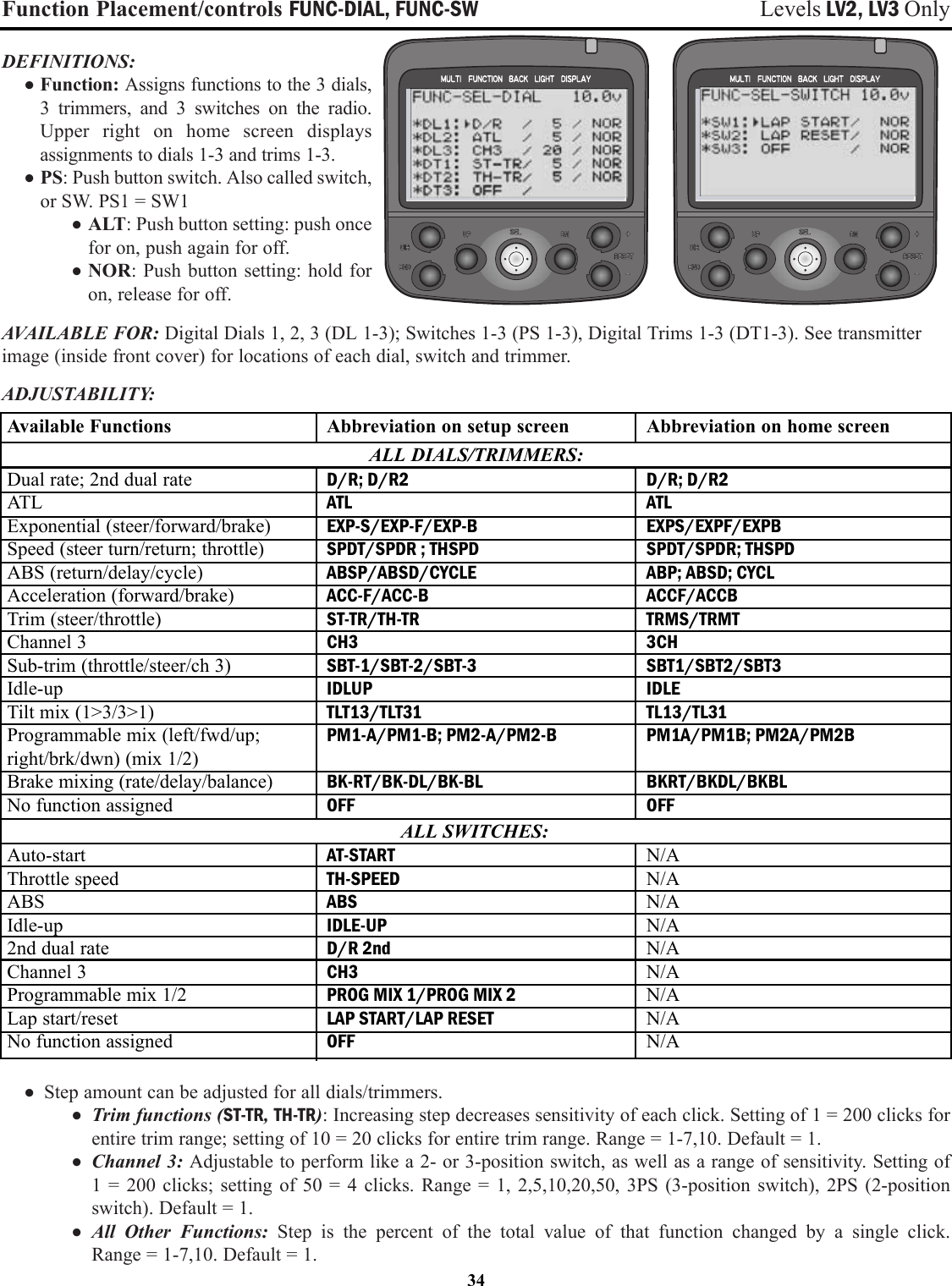 Function Placement/controls FUNC-DIAL, FUNC-SW Levels LV2, LV3 OnlyDEFINITIONS:•Function: Assigns functions to the 3 dials,3 trimmers, and 3 switches on the radio.Upper right on home screen displaysassignments to dials 1-3 and trims 1-3.•PS: Push button switch. Also called switch,or SW. PS1 = SW1•ALT: Push button setting: push oncefor on, push again for off.•NOR: Push button setting: hold foron, release for off.AVAILABLE FOR: Digital Dials 1, 2, 3 (DL 1-3); Switches 1-3 (PS 1-3), Digital Trims 1-3 (DT1-3). See transmitterimage (inside front cover) for locations of each dial, switch and trimmer.ADJUSTABILITY:• Step amount can be adjusted for all dials/trimmers.• Trim functions (ST-TR, TH-TR): Increasing step decreases sensitivity of each click. Setting of 1 = 200 clicks forentire trim range; setting of 10 = 20 clicks for entire trim range. Range = 1-7,10. Default = 1.• Channel 3: Adjustable to perform like a 2- or 3-position switch, as well as a range of sensitivity. Setting of 1 = 200 clicks; setting of 50 = 4 clicks. Range = 1, 2,5,10,20,50, 3PS (3-position switch), 2PS (2-positionswitch). Default = 1.• All Other Functions: Step is the percent of the total value of that function changed by a single click. Range = 1-7,10. Default = 1.34Available FunctionsDual rate; 2nd dual rateATLExponential (steer/forward/brake)Speed (steer turn/return; throttle)ABS (return/delay/cycle)Acceleration (forward/brake)Trim (steer/throttle)Channel 3Sub-trim (throttle/steer/ch 3)Idle-upTilt mix (1&gt;3/3&gt;1)Programmable mix (left/fwd/up;right/brk/dwn) (mix 1/2)Brake mixing (rate/delay/balance)No function assignedAuto-startThrottle speedABSIdle-up2nd dual rateChannel 3Programmable mix 1/2Lap start/resetNo function assignedAbbreviation on setup screenD/R; D/R2ATLEXP-S/EXP-F/EXP-BSPDT/SPDR ; THSPDABSP/ABSD/CYCLEACC-F/ACC-BST-TR/TH-TRCH3SBT-1/SBT-2/SBT-3IDLUPTLT13/TLT31PM1-A/PM1-B; PM2-A/PM2-BBK-RT/BK-DL/BK-BLOFFAT-STARTTH-SPEEDABSIDLE-UPD/R 2ndCH3PROG MIX 1/PROG MIX 2LAP START/LAP RESETOFFAbbreviation on home screenD/R; D/R2ATLEXPS/EXPF/EXPBSPDT/SPDR; THSPDABP; ABSD; CYCLACCF/ACCBTRMS/TRMT3CHSBT1/SBT2/SBT3IDLETL13/TL31PM1A/PM1B; PM2A/PM2BBKRT/BKDL/BKBLOFFN/AN/AN/AN/AN/AN/AN/AN/AN/AALL DIALS/TRIMMERS:ALL SWITCHES: