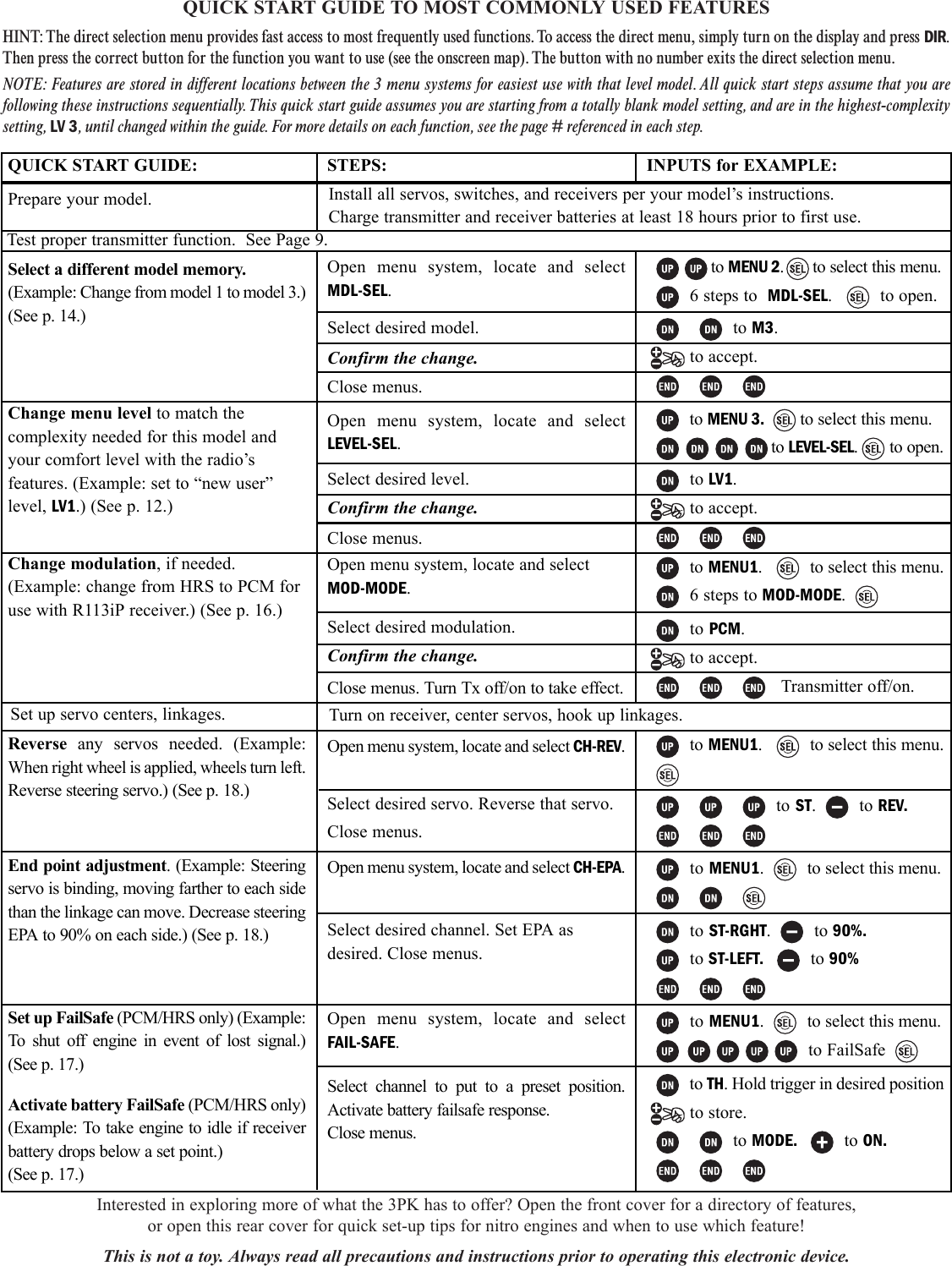 QUICK START GUIDE TO MOST COMMONLY USED FEATURESHINT: The direct selection menu provides fast access to most frequently used functions. To access the direct menu, simply turn on the display and press DIR.Then press the correct button for the function you want to use (see the onscreen map). The button with no number exits the direct selection menu.NOTE: Features are stored in different locations between the 3 menu systems for easiest use with that level model. All quick start steps assume that you arefollowing these instructions sequentially.This quick start guide assumes you are starting from a totally blank model setting, and are in the highest-complexitysetting, LV 3, until changed within the guide. For more details on each function, see the page # referenced in each step.Interested in exploring more of what the 3PK has to offer? Open the front cover for a directory of features,or open this rear cover for quick set-up tips for nitro engines and when to use which feature!This is not a toy. Always read all precautions and instructions prior to operating this electronic device.QUICK START GUIDE:Prepare your model.Select a different model memory.(Example: Change from model 1 to model 3.)(See p. 14.)Change menu level to match thecomplexity needed for this model andyour comfort level with the radio’sfeatures. (Example: set to “new user”level, LV1.) (See p. 12.)Change modulation, if needed.(Example: change from HRS to PCM foruse with R113iP receiver.) (See p. 16.)Reverse any servos needed. (Example:When right wheel is applied, wheels turn left.Reverse steering servo.) (See p. 18.)End point adjustment. (Example: Steeringservo is binding, moving farther to each sidethan the linkage can move. Decrease steeringEPA to 90% on each side.) (See p. 18.)Set up FailSafe (PCM/HRS only) (Example:To shut off engine in event of lost signal.)(See p. 17.)Activate battery FailSafe (PCM/HRS only)(Example: To take engine to idle if receiverbattery drops below a set point.)(See p. 17.)STEPS:Open menu system, locate and selectMDL-SEL.Select desired model.Confirm the change.Close menus.Open menu system, locate and selectLEVEL-SEL.Select desired level.Confirm the change.Close menus.Open menu system, locate and selectMOD-MODE.Select desired modulation.Confirm the change.Close menus. Turn Tx off/on to take effect.Open menu system, locate and select CH-REV.Select desired servo. Reverse that servo.Close menus.Open menu system, locate and select CH-EPA.Select desired channel. Set EPA asdesired. Close menus.Open menu system, locate and select FAIL-SAFE.Select channel to put to a preset position.Activate battery failsafe response.Close menus.INPUTS for EXAMPLE:to MENU 2. to select this menu.6 steps to  MDL-SEL. to open.to M3.to accept.to MENU 3. to select this menu.to LEVEL-SEL. to open.to LV1.to accept.to MENU1.  to select this menu.6 steps to MOD-MODE.to PCM.to accept.Transmitter off/on.to MENU1.  to select this menu.to ST. to REV.to MENU1. to select this menu.to ST-RGHT. to 90%.to ST-LEFT.  to 90%to MENU1. to select this menu.to FailSafeto TH. Hold trigger in desired position to store.to MODE.  to ON.Install all servos, switches, and receivers per your model’s instructions.Charge transmitter and receiver batteries at least 18 hours prior to first use.Test proper transmitter function.  See Page 9.Set up servo centers, linkages. Turn on receiver, center servos, hook up linkages.