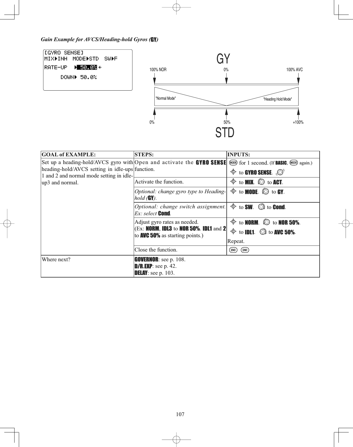 107Gain Example for AVCS/Heading-hold Gyros (GY)GOAL of EXAMPLE: STEPS: INPUTS:6HWXSDKHDGLQJKROG$9&amp;6J\URZLWKKHDGLQJKROG$9&amp;6 VHWWLQJ LQ LGOHXSV1 and 2 and normal mode setting in idle-up3 and normal.Open and activate the GYRO SENSEfunction.for 1 second. (If BASIC, again.)Cto GYRO SENSE.Activate the function.Cto MIX. to ACT.Optional: change gyro type to Heading-hold (GY).Cto MODE. to GY.Optional: change switch assignment. Ex: select Cond.Cto SW. to Cond.Adjust gyro rates as needed. (Ex: NORM,IDL3 to NOR 50%.IDL1 and 2to AVC 50% as starting points.)Cto NORM. to NOR 50%.Cto IDL1. to AVC 50%.Repeat.Close the function.Where next? GOVERNOR: see p. 108.D/R,EXP: see p. 42.DELAY: see p. 103.50%0% +100%&quot;Heading Hold Mode&quot;&quot;Normal Mode&quot;CVA%001%0RON%001GYSTD