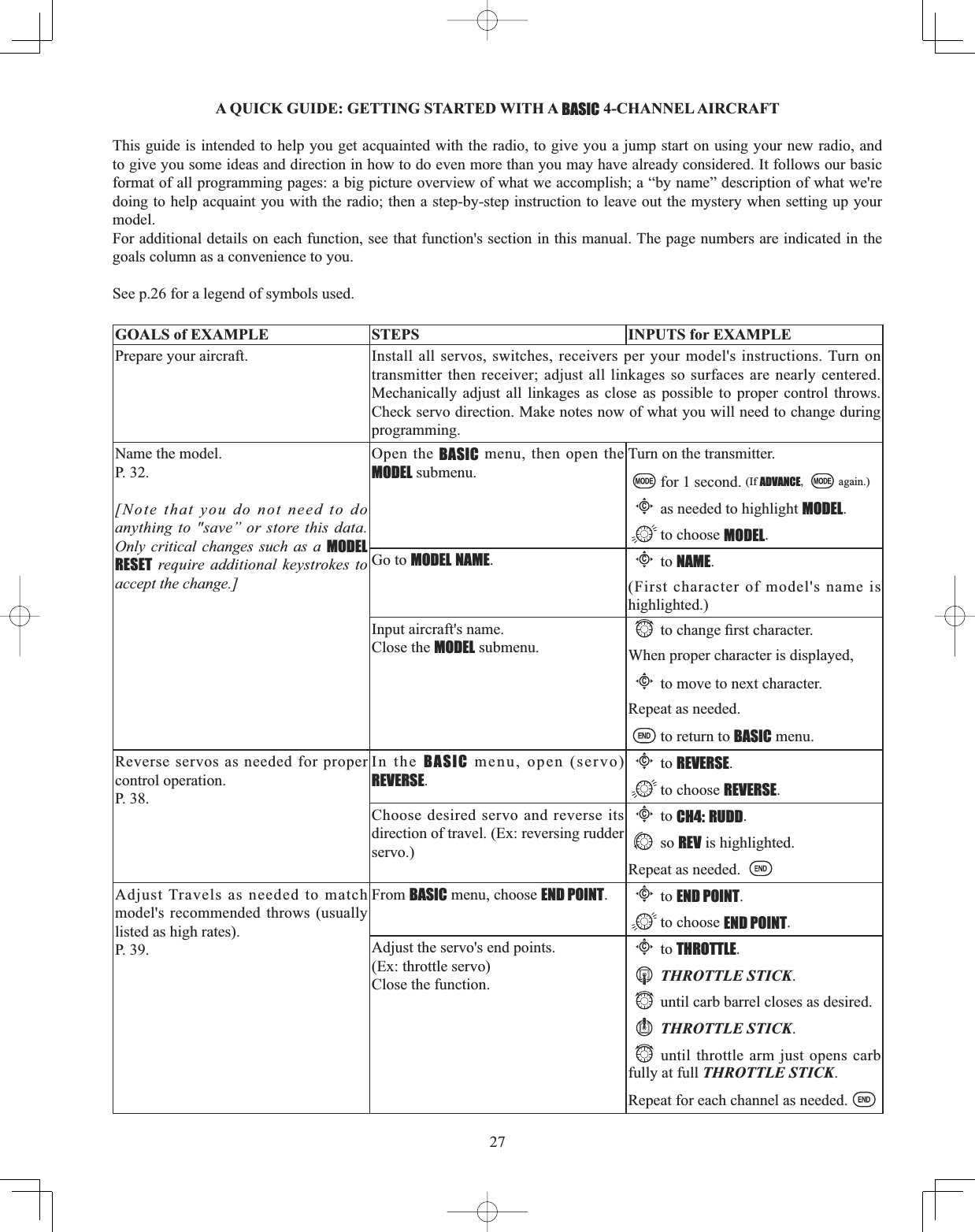 27A QUICK GUIDE: GETTING STARTED WITH A BASIC 4-CHANNEL AIRCRAFTThis guide is intended to help you get acquainted with the radio, to give you a jump start on using your new radio, and to give you some ideas and direction in how to do even more than you may have already considered. It follows our basic format of all programming pages: a big picture overview of what we accomplish; a “by name” description of what we&apos;re doing to help acquaint you with the radio; then a step-by-step instruction to leave out the mystery when setting up your model.For additional details on each function, see that function&apos;s section in this manual. The page numbers are indicated in the goals column as a convenience to you. See p.26 for a legend of symbols used. GOALS of EXAMPLE STEPS INPUTS for EXAMPLEPrepare your aircraft. Install all servos, switches, receivers per your model&apos;s instructions. Turn on transmitter then receiver; adjust all linkages so surfaces are nearly centered. Mechanically adjust all linkages as close as possible to proper control throws. Check servo direction. Make notes now of what you will need to change during programming.Name the model. P. 32.[Note that you do not need to do anything to &quot;save” or store this data. Only critical changes such as a MODELRESET require additional keystrokes to accept the change.]Open the BASIC menu, then open the MODEL submenu.Turn on the transmitter.for 1 second. (If ADVANCE, again.)Cas needed to highlight MODEL.to choose MODEL.Go to MODEL NAME.Cto NAME.(First character of model&apos;s name is highlighted.)Input aircraft&apos;s name. Close the MODEL submenu.WRFKDQJH¿UVWFKDUDFWHUWhen proper character is displayed,Cto move to next character.Repeat as needed.to return to BASIC menu.Reverse servos as needed for proper control operation. P. 38.In the BASIC menu, open (servo) REVERSE.Cto REVERSE.to choose REVERSE.Choose desired servo and reverse its direction of travel. (Ex: reversing rudder servo.)Cto CH4: RUDD.so REV is highlighted.Repeat as needed. Adjust Travels as needed to match model&apos;s recommended throws (usually listed as high rates). P. 39.From BASIC menu, choose END POINT.Cto END POINT.to choose END POINT.Adjust the servo&apos;s end points. (Ex: throttle servo) Close the function.Cto THROTTLE.THROTTLE STICK.until carb barrel closes as desired.THROTTLE STICK.until throttle arm just opens carb fully at full THROTTLE STICK.Repeat for each channel as needed.