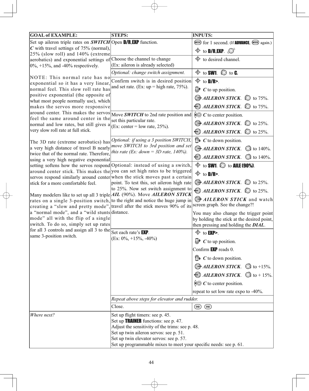 44GOAL of EXAMPLE: STEPS: INPUTS:Set up aileron triple rates on SWITCHC with travel settings of 75% (normal), 25% (slow roll) and 140% (extreme aerobatics) and exponential settings of 0%, +15%, and -40% respectively.NOTE: This normal rate has no exponential so it has a very linear, normal feel. This slow roll rate has positive exponential (the opposite of what most people normally use), which makes the servos more responsive around center. This makes the servos feel the same around center in the normal and low rates, but still gives a very slow roll rate at full stick.The 3D rate (extreme aerobatics) has a very high distance of travel B nearly twice that of the normal rate. Therefore, using a very high negative exponential setting softens how the servos respond around center stick. This makes the servos respond similarly around center stick for a more comfortable feel.Many modelers like to set up all 3 triple rates on a single 3-position switch, creating a “slow and pretty mode”, a “normal mode”, and a “wild stunts mode” all with the flip of a single switch. To do so, simply set up rates for all 3 controls and assign all 3 to the same 3-position switch.Open D/R,EXP function. for 1 second. (If ADVANCE, again.)Cto D/R,EXP.Choose the channel to change (Ex: aileron is already selected)Cto desired channel. Optional: change switch assignment.Cto SW1. to C.Confirm switch is in desired position and set rate. (Ex: up = high rate, 75%).Cto D/R&gt;.C to up position.AILERON STICK. to 75%.AILERON STICK. to 75%.Move SWITCH to 2nd rate position and set this particular rate. (Ex: center = low rate, 25%).C to center position.AILERON STICK. to 25%.AILERON STICK. to 25%.Optional: if using a 3 position SWITCH, move SWITCH to 3rd position and set this rate (Ex: down = 3D rate, 140%).C to down position.AILERON STICK. to 140%.AILERON STICK. to 140%. Optional: instead of using a switch, you can set high rates to be triggered when the stick moves past a certain point. To test this, set aileron high rate to 25%. Now set switch assignment to AIL (90%). Move AILERON STICKto the right and notice the huge jump in travel after the stick moves 90% of its distance.Cto SW1. to AILE (90%).Cto D/R&gt;.AILERON STICK. to 25%.AILERON STICK. to 25%.AILERON STICK and watch screen graph. See the change?! You may also change the trigger point by holding the stick at the desired point, then pressing and holding the DIAL.Set each rate’s EXP.(Ex: 0%, +15%, -40%)Cto EXP&gt;.C to up position.&amp;RQ¿UPEXP reads 0.C to down position.AILERON STICK. to +15%.AILERON STICK. to + 15%.C to center position.repeat to set low rate expo to -40%. Repeat above steps for elevator and rudder. Close.Where next? 6HWXSÀLJKWWLPHUVVHHSSet up TRAINER functions: see p. 47.Adjust the sensitivity of the trims: see p. 48.Set up twin aileron servos: see p. 51.Set up twin elevator servos: see p. 57.6HWXSSURJUDPPDEOHPL[HVWRPHHW\RXUVSHFL¿FQHHGVVHHS