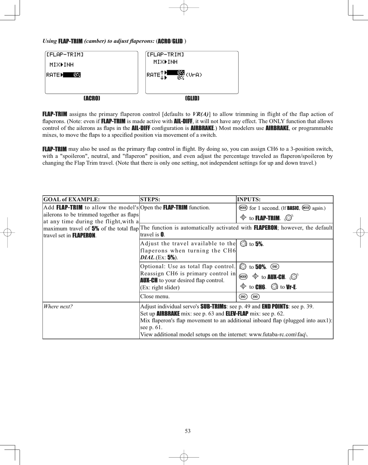 53Using FLAP-TRIM FDPEHUWRDGMXVWÀDSHURQV (ACROGLID ) FLAP-TRIM assigns the primary flaperon control [defaults to VR(A)] to allow trimming in flight of the flap action of ÀDSHURQV1RWHHYHQLIFLAP-TRIM is made active with AIL-DIFF, it will not have any effect. The ONLY function that allows FRQWURORIWKHDLOHURQVDVÀDSVLQWKHAIL-DIFFFRQ¿JXUDWLRQLVAIRBRAKE.) Most modelers use AIRBRAKE, or programmable PL[HVWRPRYHWKHÀDSVWRDVSHFL¿HGSRVLWLRQYLDPRYHPHQWRIDVZLWFKFLAP-TRIMPD\DOVREHXVHGDVWKHSULPDU\ÀDSFRQWUROLQÀLJKW%\GRLQJVR\RXFDQDVVLJQ&amp;+WRDSRVLWLRQVZLWFKZLWK D VSRLOHURQ QHXWUDO DQG IODSHURQ SRVLWLRQ DQG HYHQ DGMXVW WKH SHUFHQWDJH WUDYHOHG DV IODSHURQVSRLOHURQ E\changing the Flap Trim travel. (Note that there is only one setting, not independent settings for up and down travel.) GOAL of EXAMPLE: STEPS: INPUTS:Add FLAP-TRIM to allow the model&apos;s DLOHURQVWREHWULPPHGWRJHWKHUDVÀDSVat any time during the flight,with a maximum travel of 5%RI WKHWRWDOÀDStravel set in FLAPERON.Open the FLAP-TRIM function. for 1 second. (If BASIC, again.)Cto FLAP-TRIM.The function is automatically activated with FLAPERON; however, the default travel is 0.Adjust the travel available to the flaperons when turning the CH6 DIAL.(Ex: 5%).to 5%.Optional: Use as total flap control.Reassign CH6 is primary control in AUX-CHWR\RXUGHVLUHGÀDSFRQWURO(Ex: right slider)to 50%.Cto AUX-CH.Cto CH6. to Vr-E.Close menu.Where next? Adjust individual servo&apos;s SUB-TRIMs: see p. 49 and END POINTs: see p. 39. Set up AIRBRAKE mix: see p. 63 and ELEV-FLAP mix: see p. 62.0L[ÀDSHURQVÀDSPRYHPHQWWRDQDGGLWLRQDOLQERDUGÀDSSOXJJHGLQWRDX[see p. 61.View additional model setups on the internet: www.futaba-rc.com\faq\.(GLID)(ACRO)
